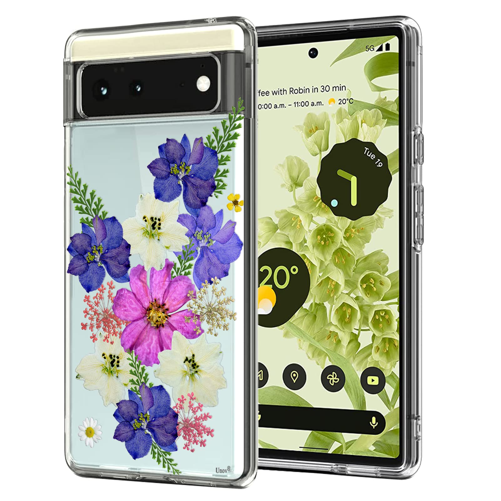 Unov Pixel 6 Case Clear With Design Soft Tpu Shock Absorption Slim Embossed Flower Pattern Protective Back Cover For Pixel 6 5G