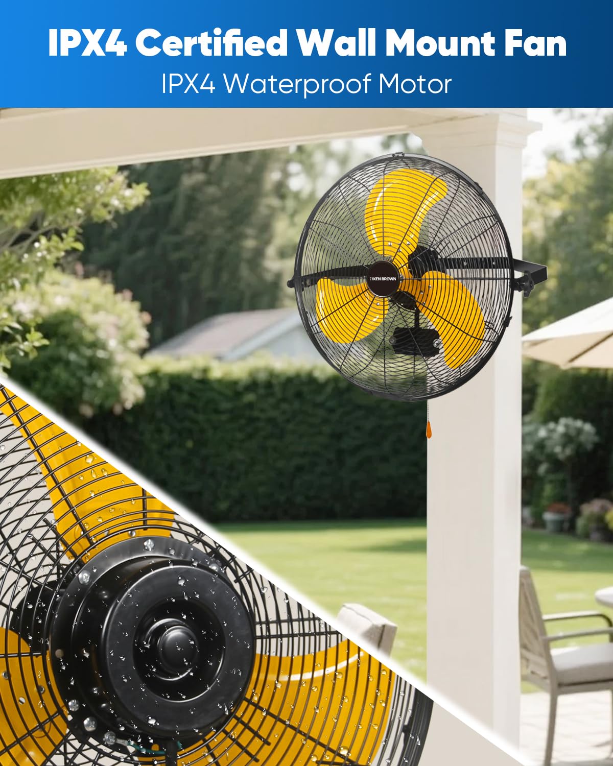 Ken Brown 20 Inch Outdoor Wall Mount Fan, 3-Speed Ipx4 Waterproof, Max. 4,650 Cfm Wall Mounted Fan For Outdoor, Commercial, Resi