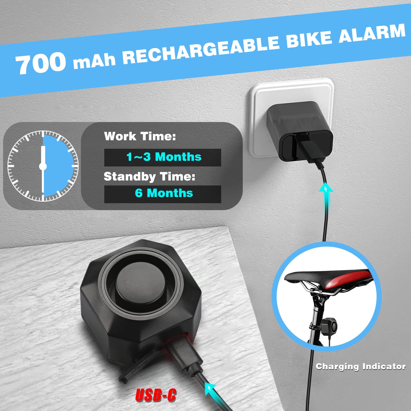 Wsdcam Usb Rechargeable Bike Alarm With Remote, 110Db Loud Wireless Anti Theft Vibration Motion Sensor Vehicle Security Alarm System Waterproof Bicycle Trailer Motorcycle Alarm