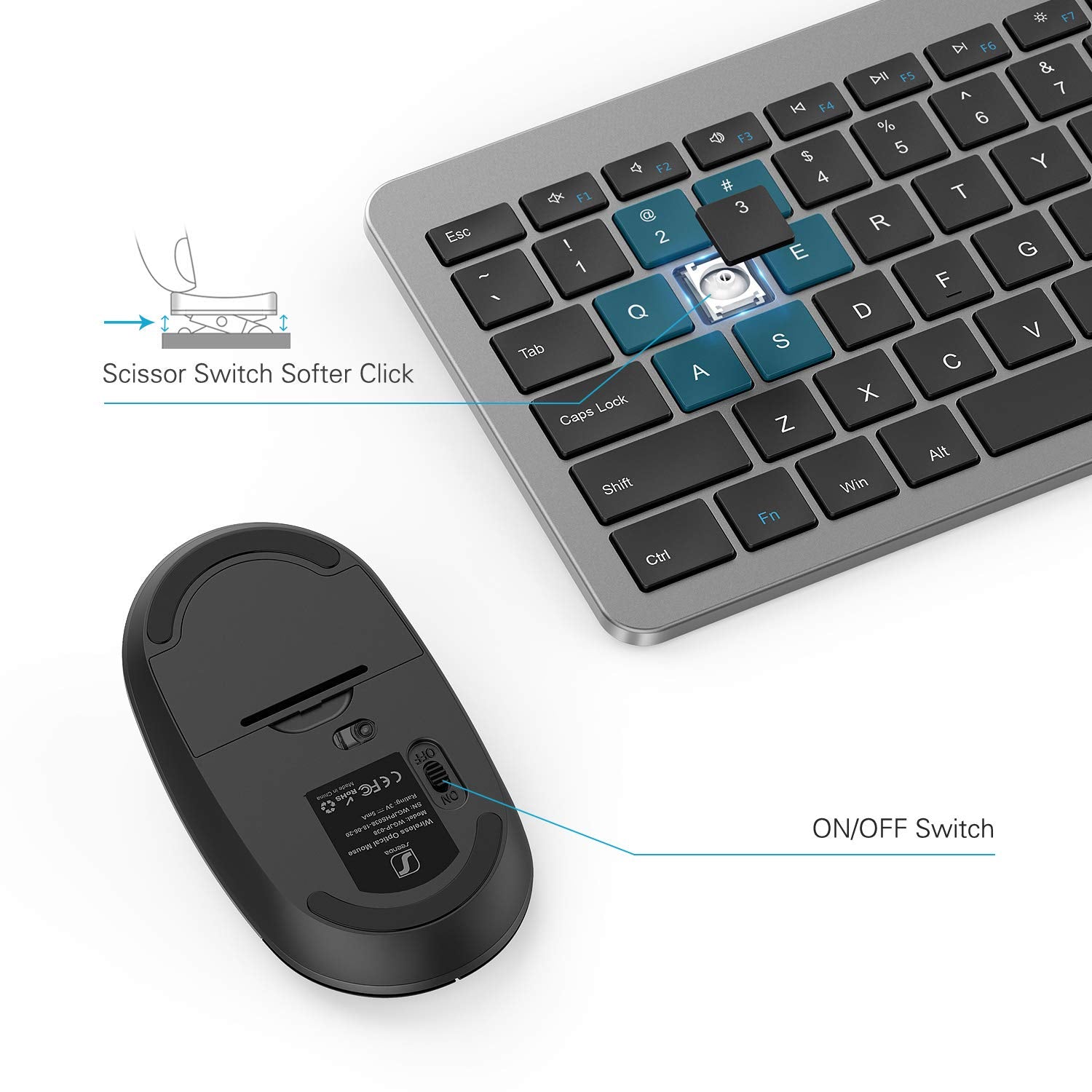 Wireless Keyboard And Mouse Combo   Full Size Slim Thin Wireless Keyboard Mouse With Numeric Keypad 2.4G Stable Connection Adjustable Dpi (Grey & Black)