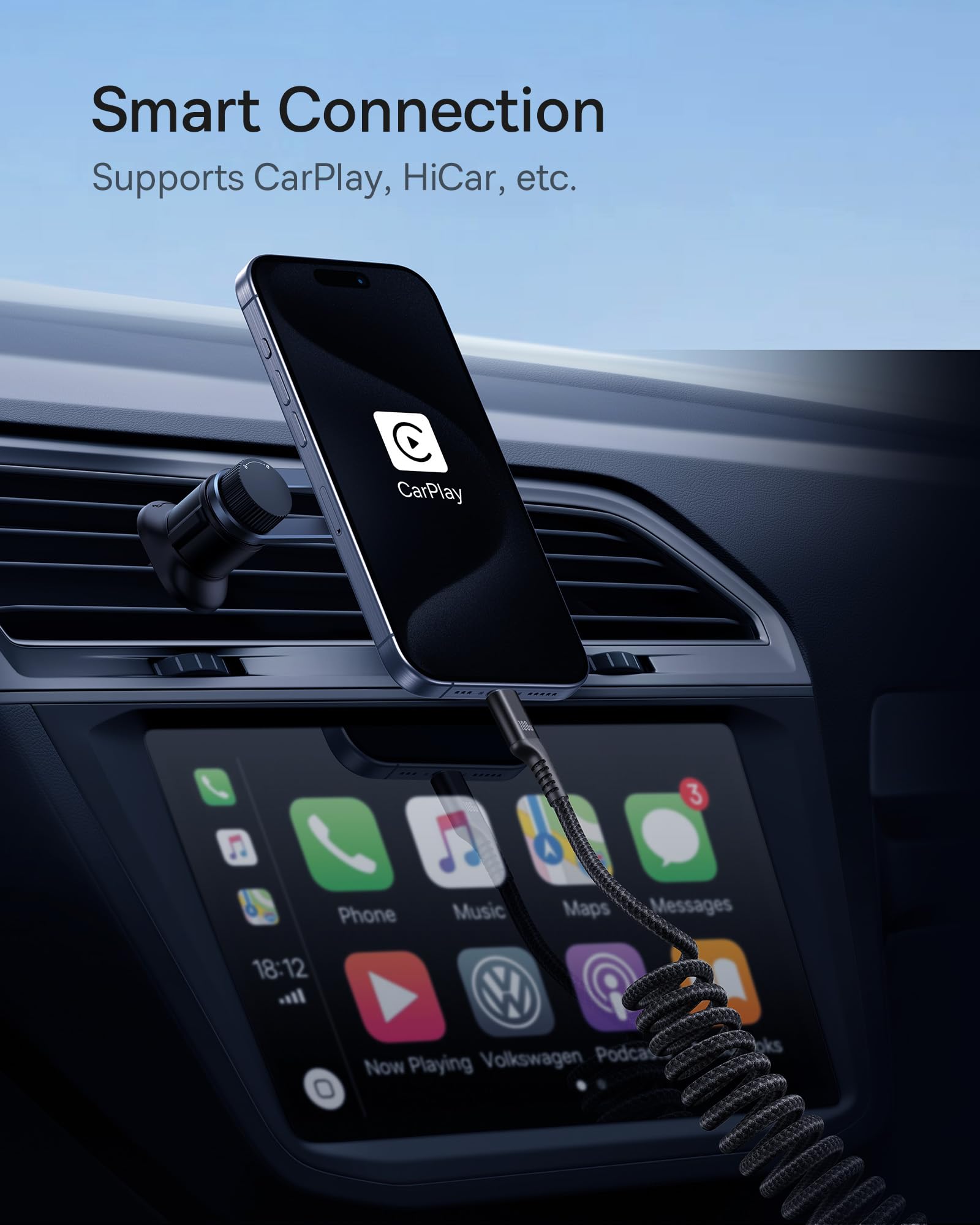 Baseus Usb C Cable For Car, Pd 100W 5A Fast Charging Usb C Carplay Cable, Coiled Usb C To Usb C Charger Cord Compatible With Iphone15/Pro/Plus/Pro Max, Samsung Galaxy S23 S22 S21, Note 20 10 (3.3Ft)