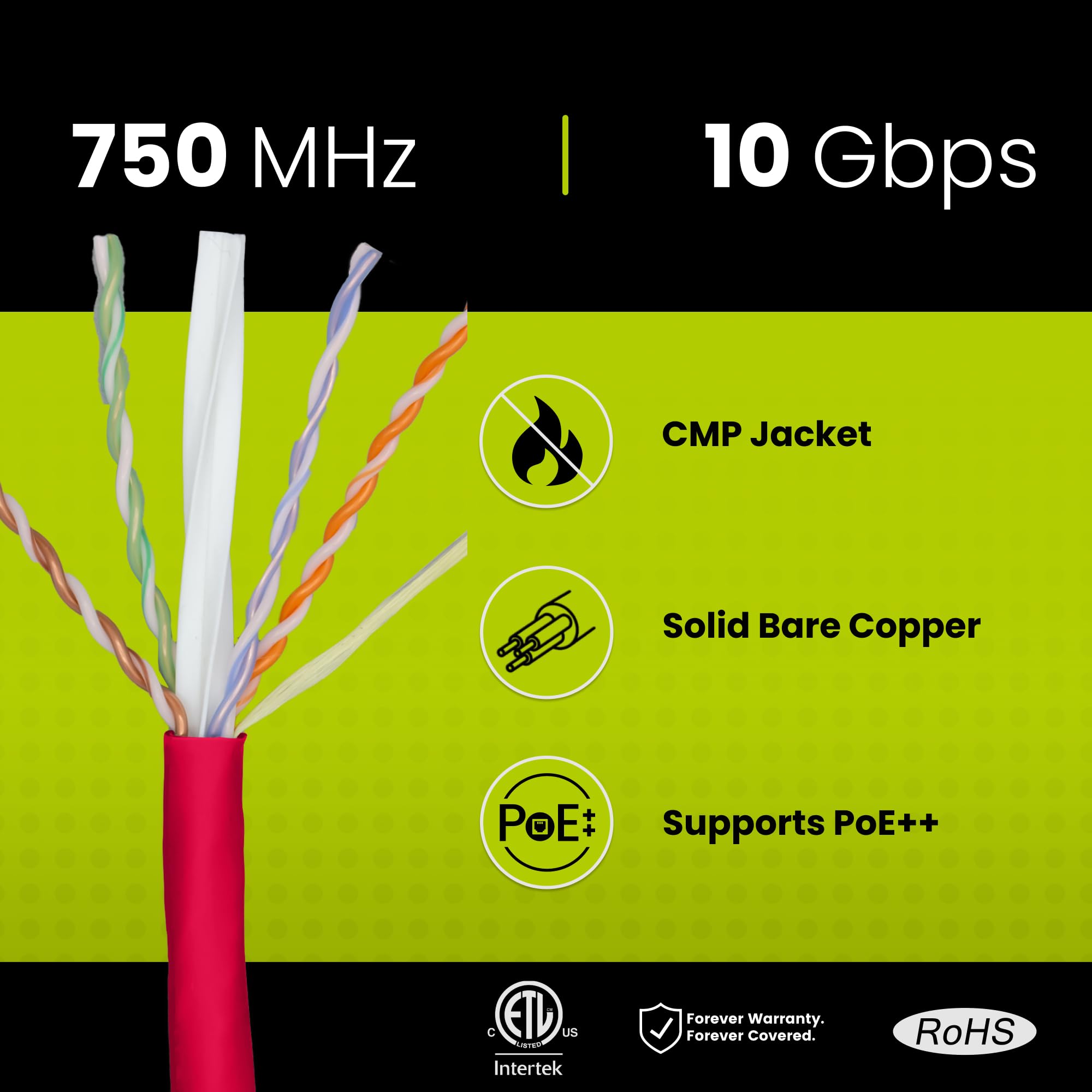 Truecable Cat6A Plenum (Cmp), 1000Ft, Red, 23Awg 4 Pair Solid Bare Copper, 750Mhz, Poe++ (4Ppoe), Etl Listed, Unshielded Twisted Pair (Utp), Bulk Ethernet Cable