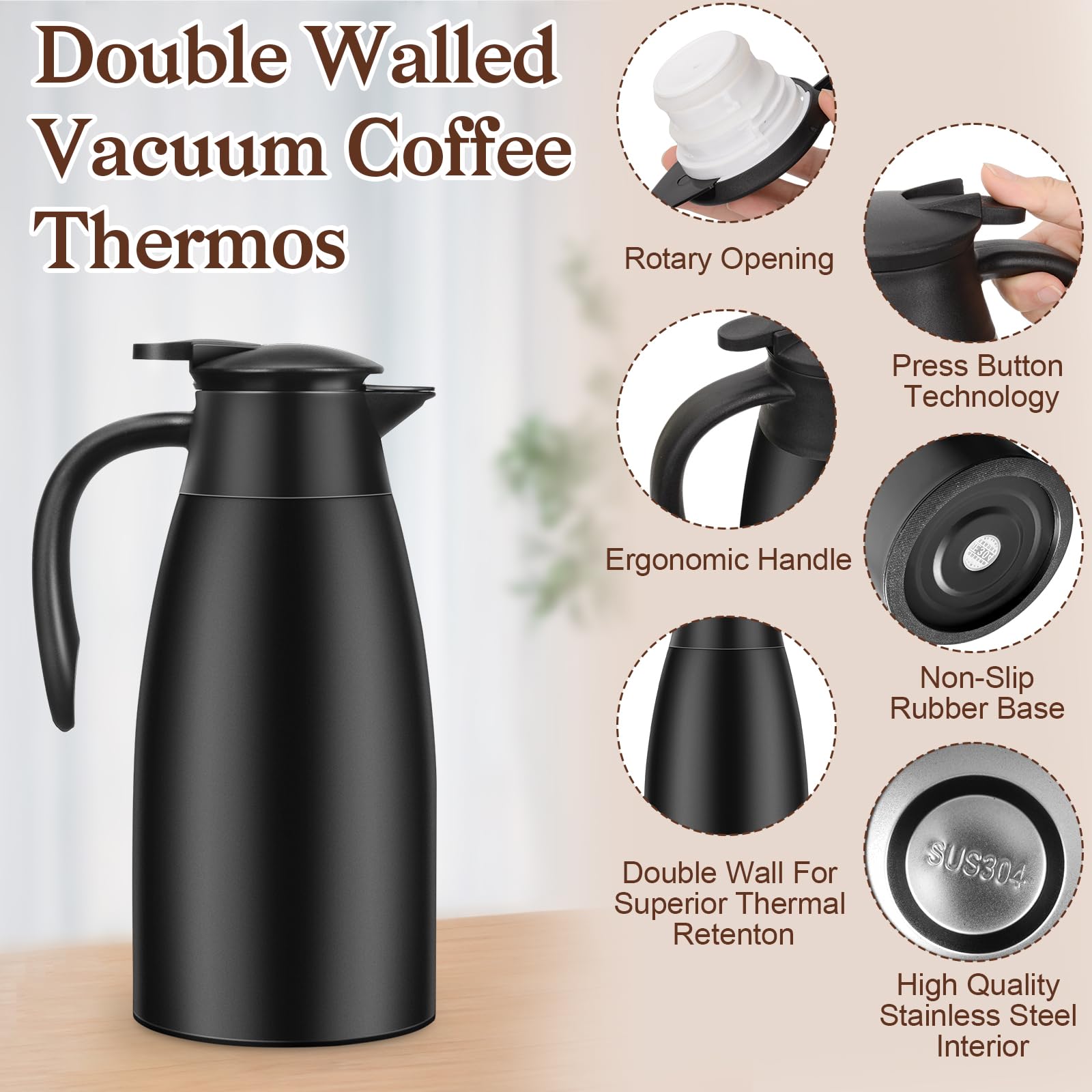 68 Oz Thermal Coffee Carafe, Insulated Stainless Steel Coffee Carafe Double Walled Vacuum Thermal Pot Flask With Brushes Coffee