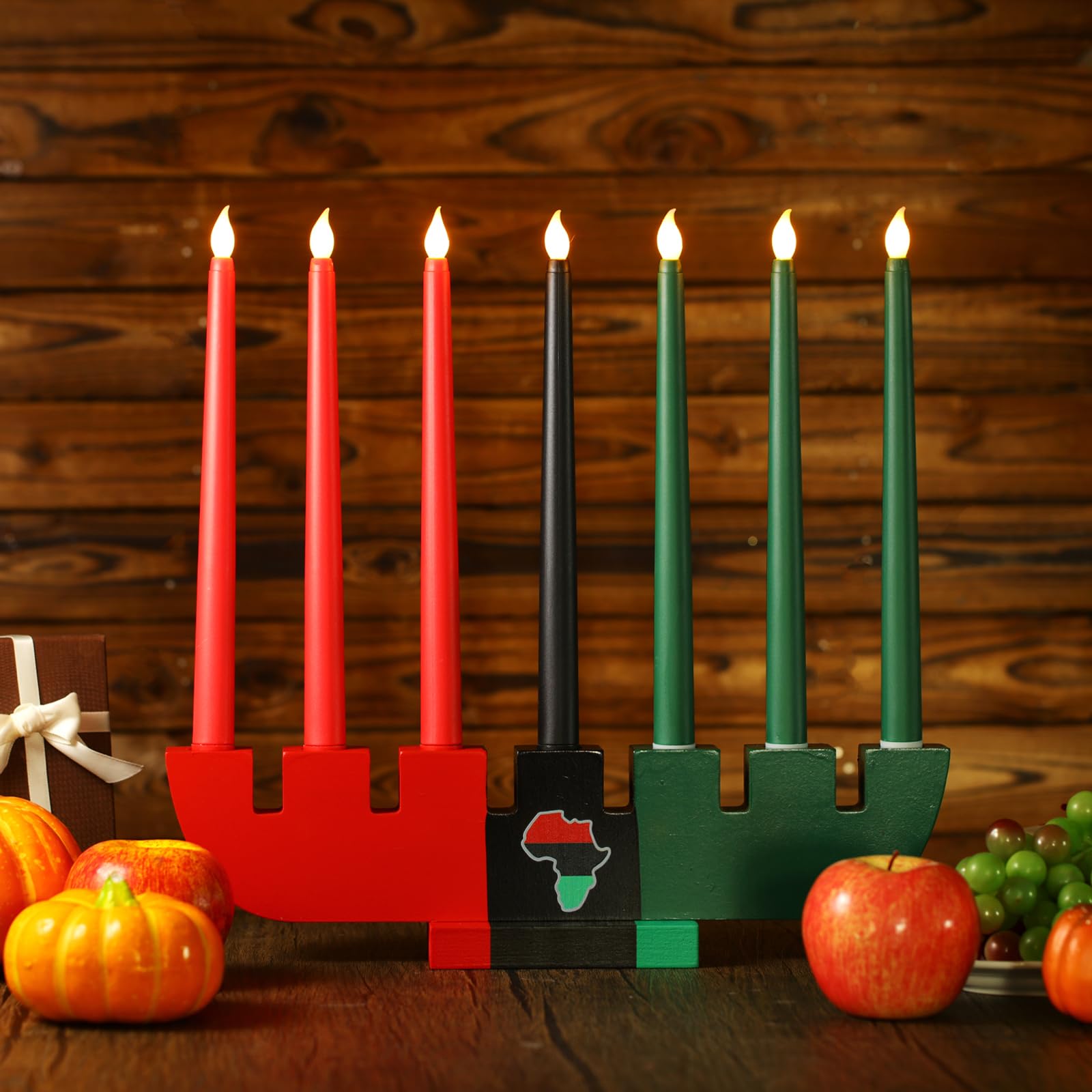 8 Pieces Kwanzaa Kinara Set 7 Kwanzaa Led Candles And 1 Candle Holder Flameless Battery Powered Electric Taper Candle With Wood