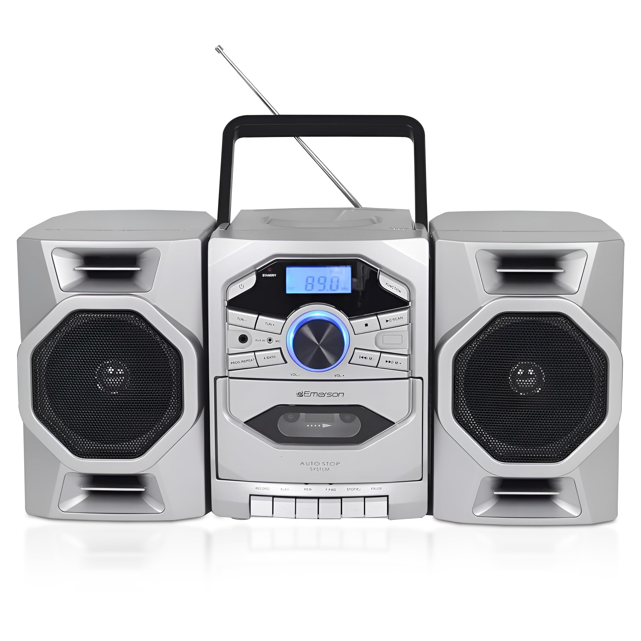 Emerson Portable Cd Player Boombox With Cassette Player, Tape Recorder, Am/Fm Radio, Mp3 Aux Input, Detachable Speakers, Ac/Dc &