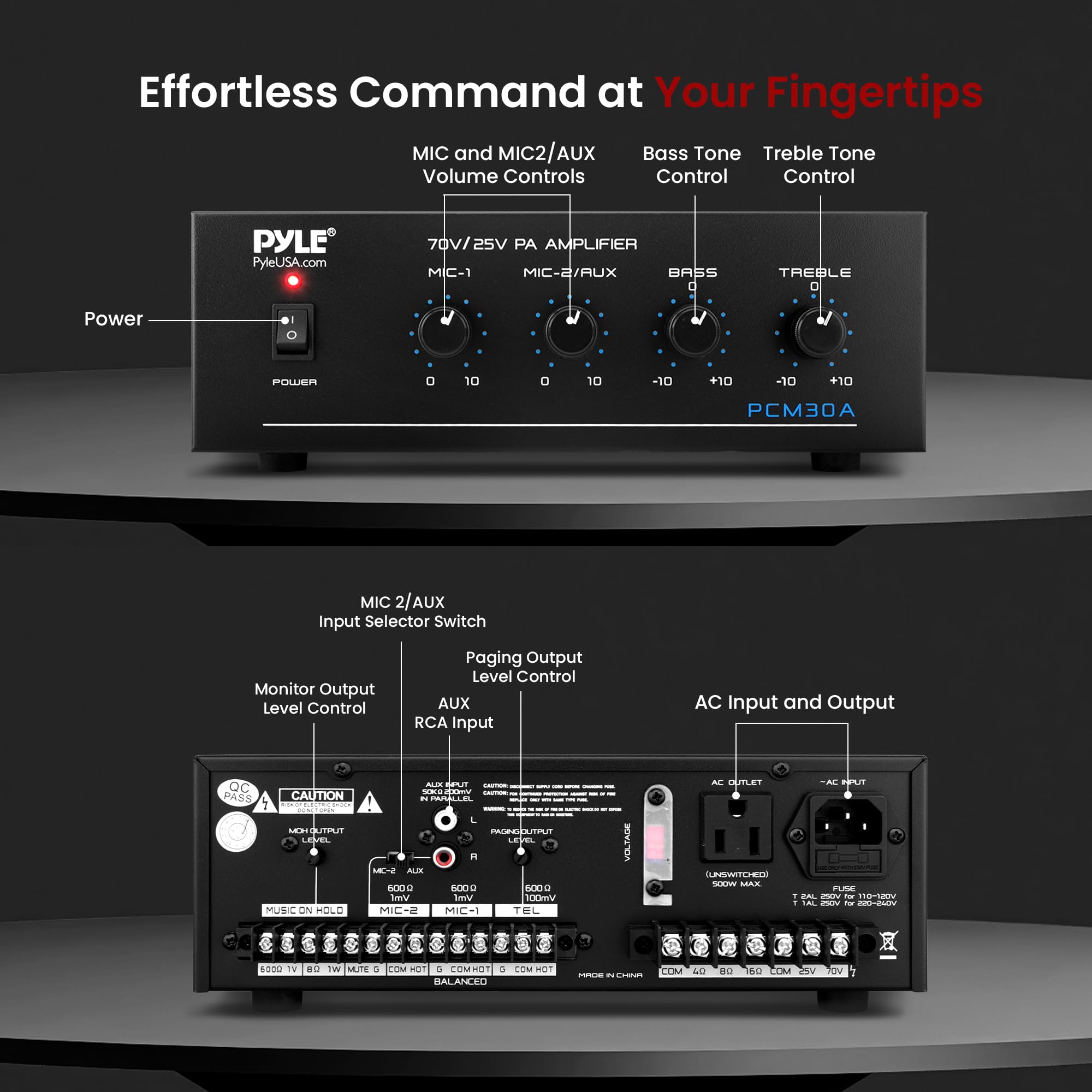 Pyle Compact Mini Home Power Amplifier - 60W Smart Small Indoor Audio Stereo Receiver W/ Rca, 2 Microphone In, 25/70 Volt Output