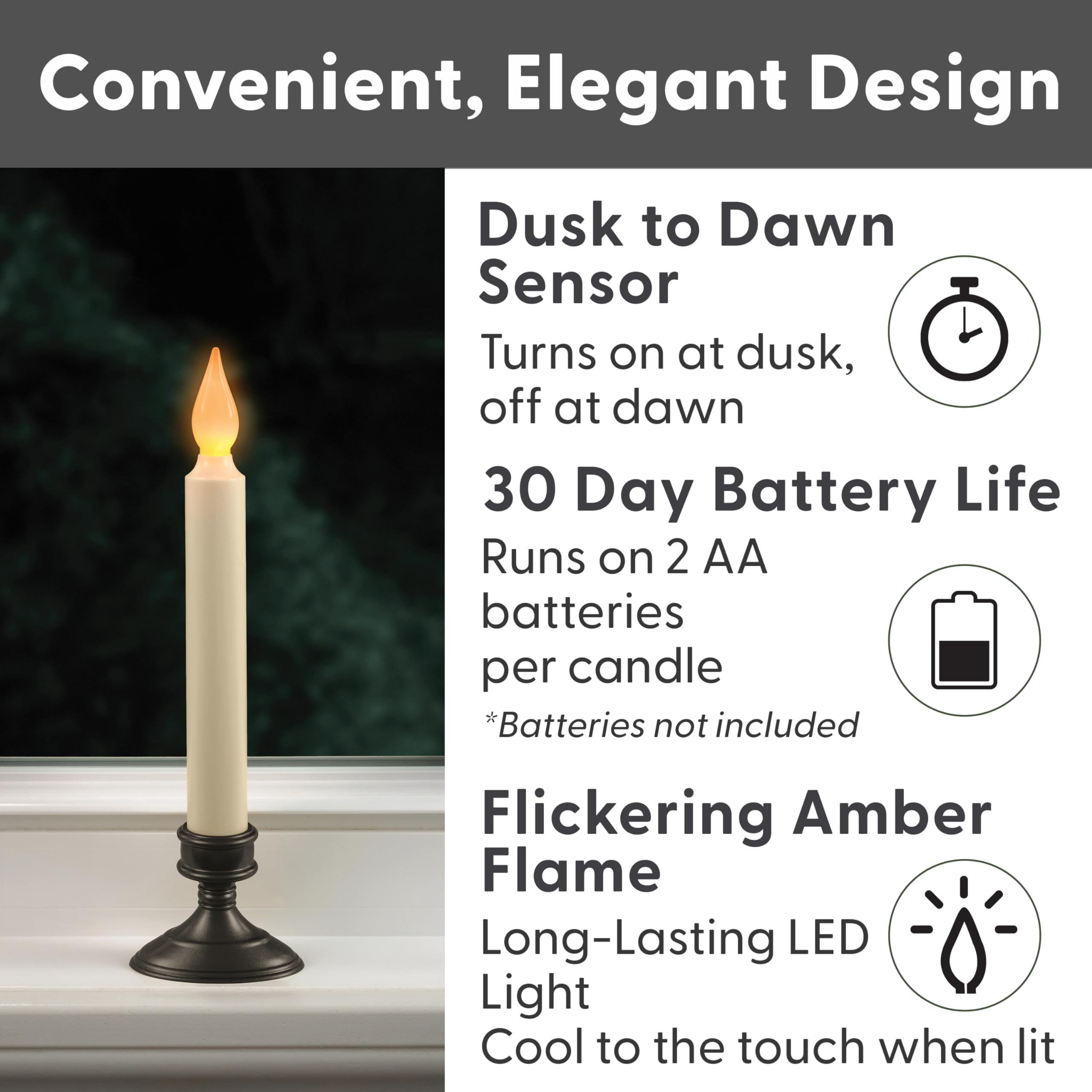 Xodus Innovations Fpc1205A 2 Battery Operated Led Window Candle, Dusk To Dawn Light Sensor, Aged Bronze Plastic Base, Amber Flic