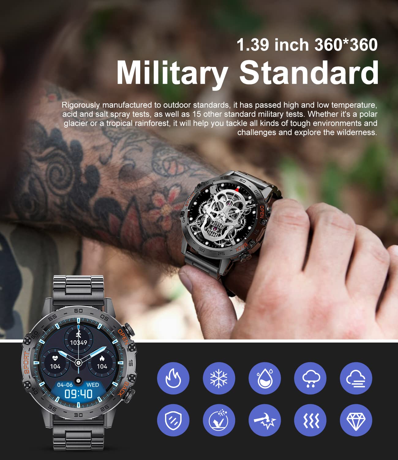 Military Smart Watch For Men(Answer/Dial Calls),1.39 ' 'Hd Touchscreen,100 Sports Modes, 5Atm Waterproof Fitness Watch,With Bloo