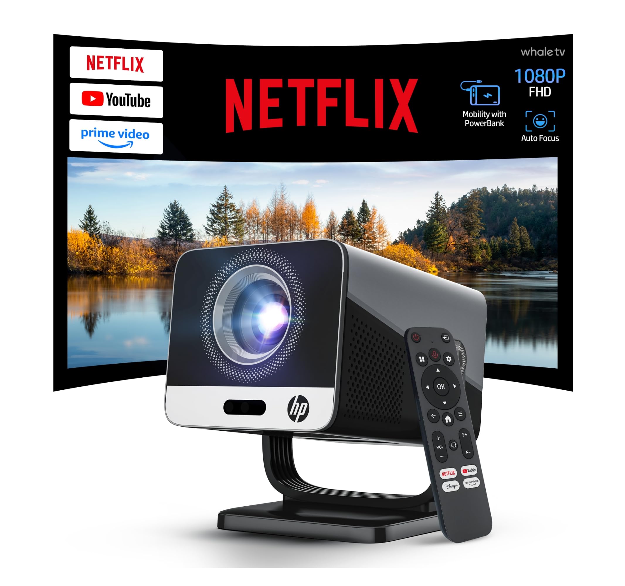 HP Projector with Netflix, USBC Power Bank Compatible, 4K Supported MC475