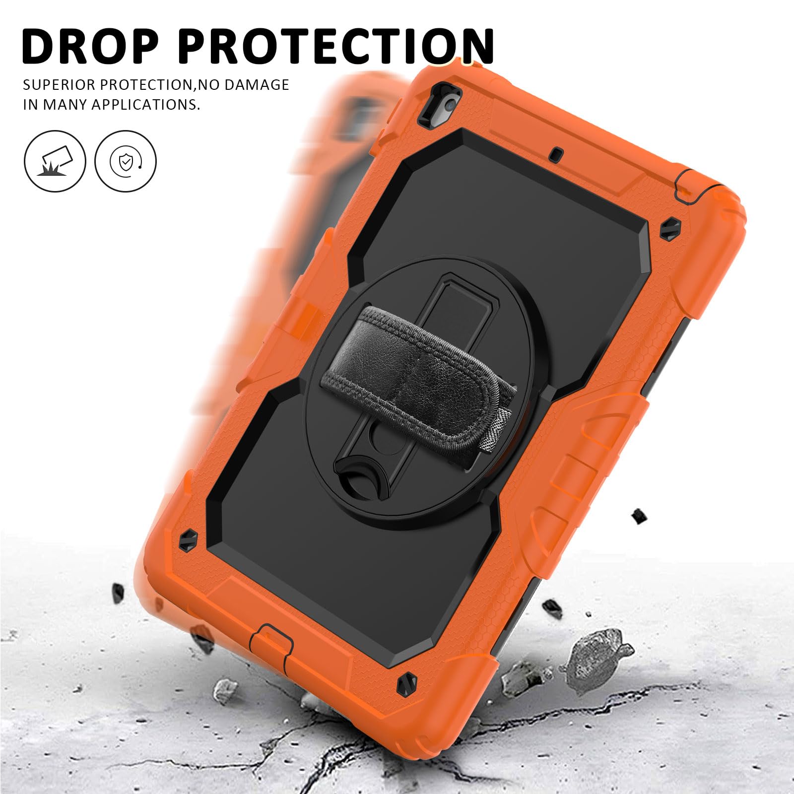 Ipad 9Th/8Th/7Th Generation Case, Ipad 10.2 Case 2021/2020/2019, [Kids Proof] Ambison Full Body Protective Case With 9H Tempered Glass Screen Protector, Rotatable Kickstand/Hand Strap (Orange & Black)