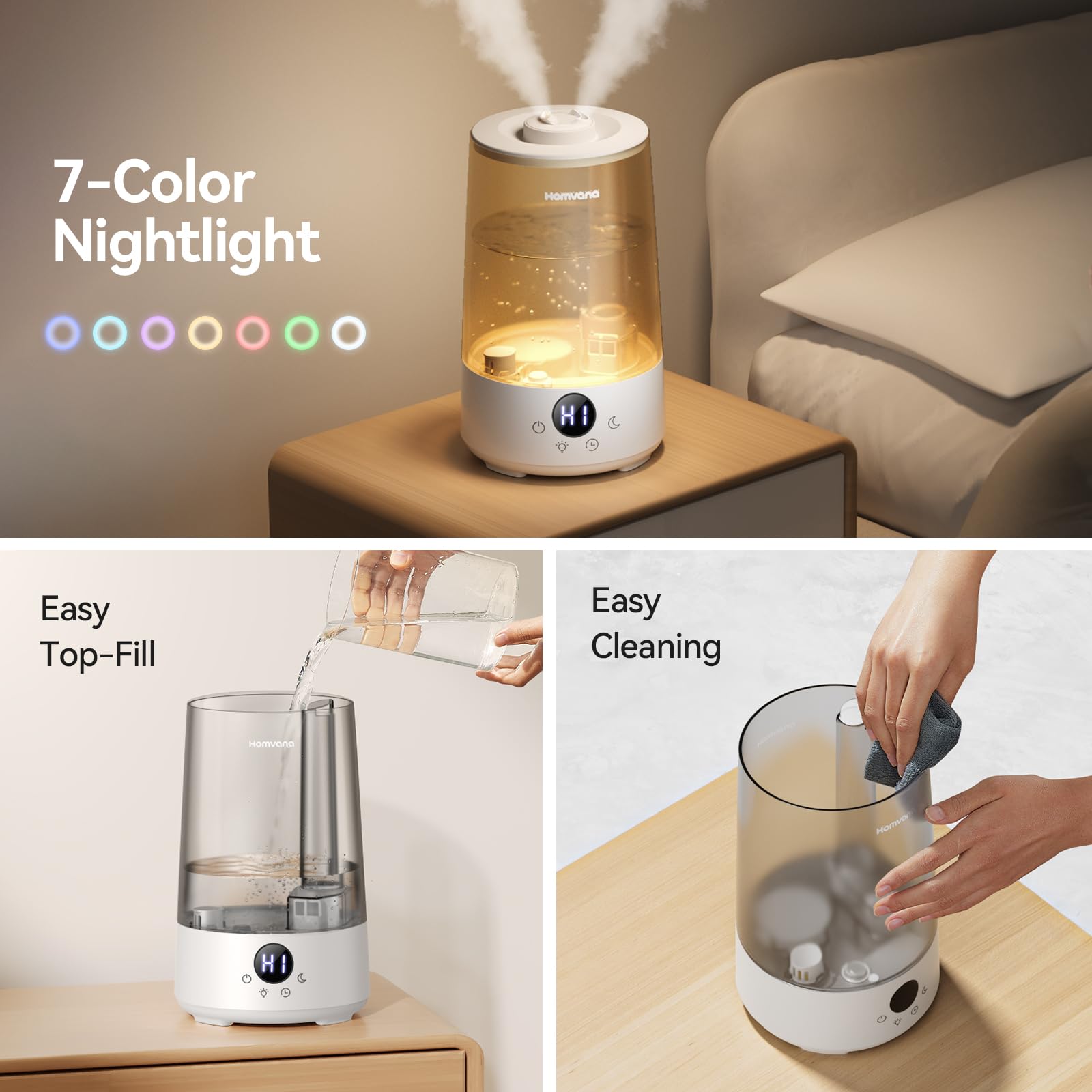 Homvana Humidifiers For Bedroom Home, 3.6 L Cool Mist Top Fill 34H Super Long Time, Quiet 16Db, Baby Humidifier, Oil Diffuser Fo