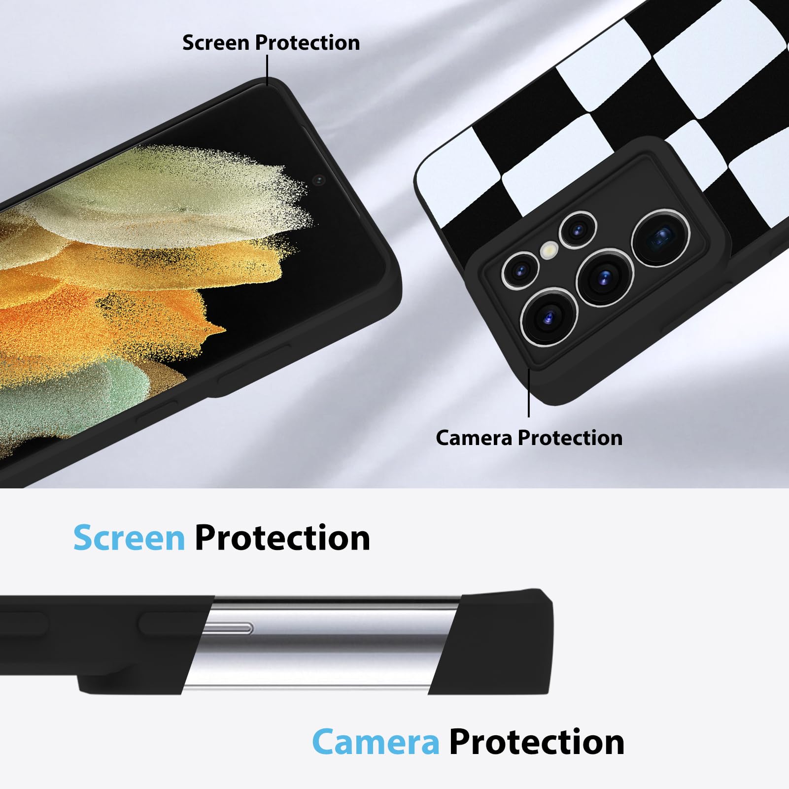 Kanghar Compatible With Samsung Galaxy S21 Ultra Case, Silicone Checkered Cute Pattern, Camera Protection Soft Slim Phone Case F