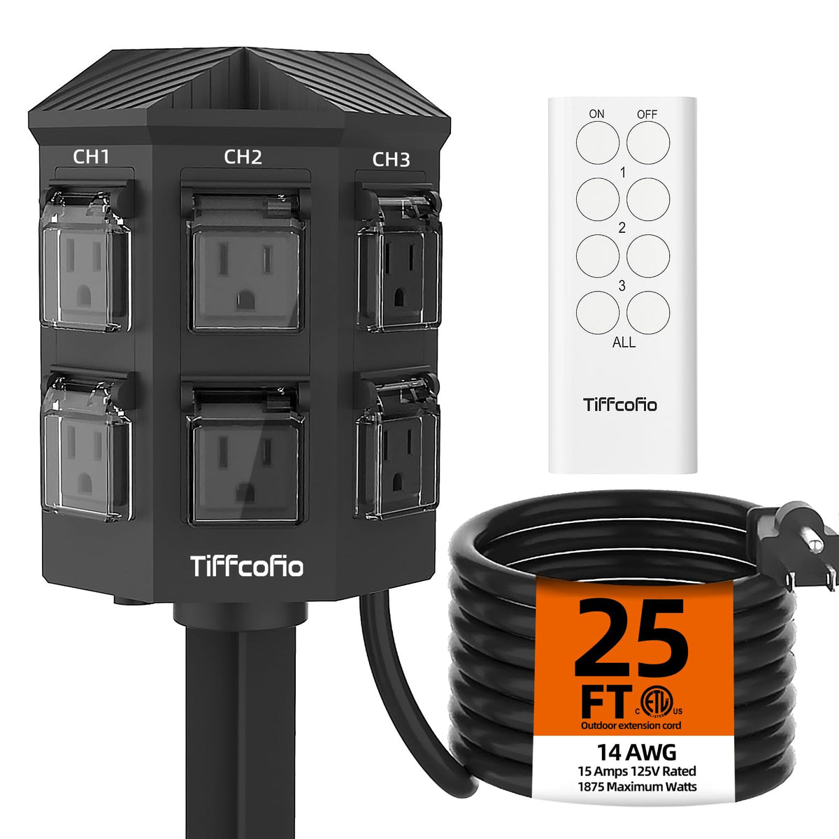 Tiffcofio Outdoor Remote Control Power Strip, 25Ft Extension Cord Waterproof, Independent Control Outlets, 6 Grounded Outlets Fo