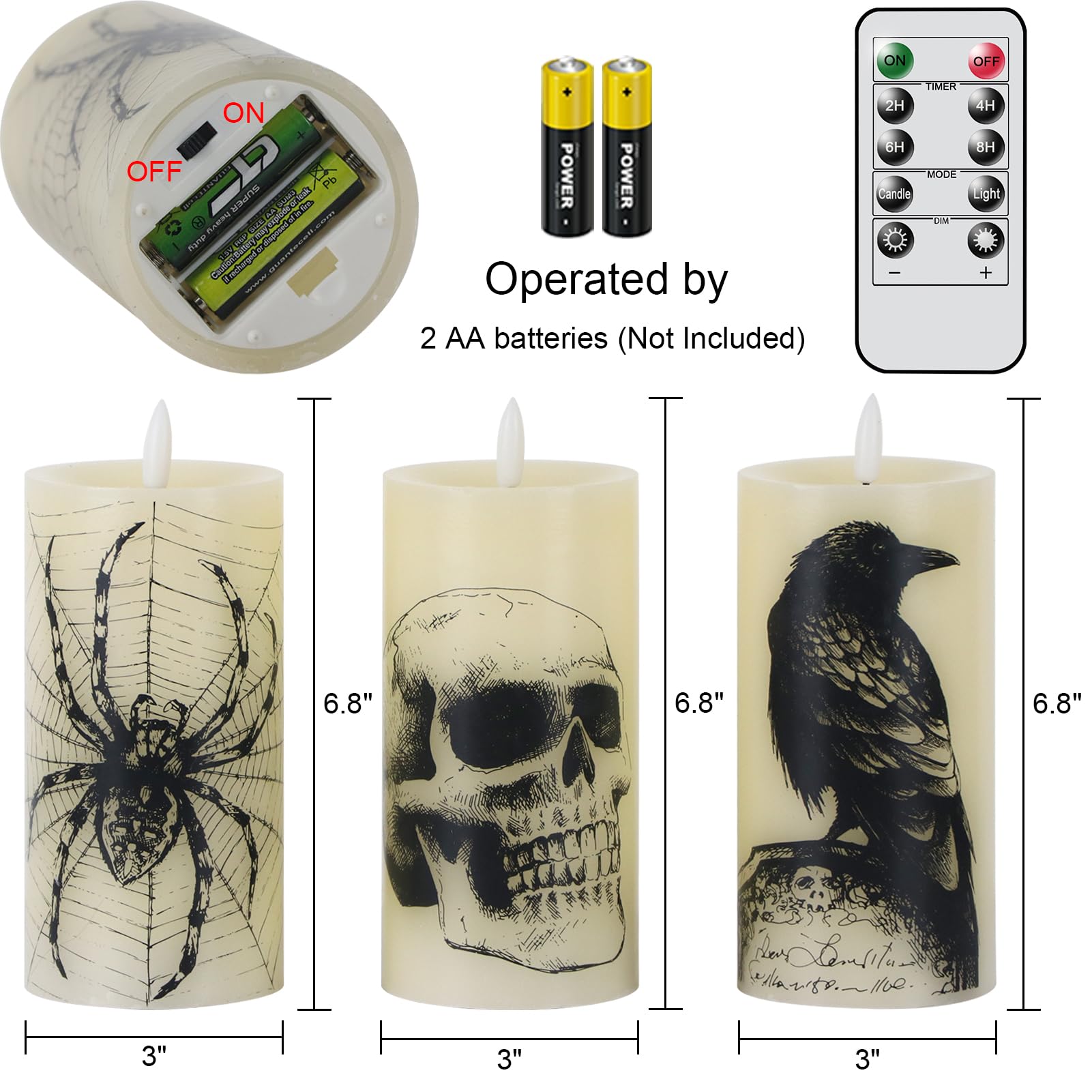 Lasumora Halloween Flameless Pillar Candles With Remote Timer   Skull, Spider Web, Crow Raven Decals Set Of 3, Battery Operated