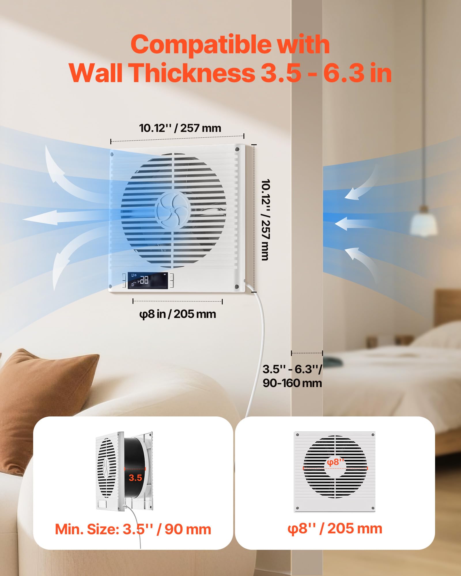 Vevor Room To Room Fan, Two-Way Airflow Through-The-Wall Fan 8 With Remote, Temperature Control, 305 Cfm 10-Speed Ventilation Qu
