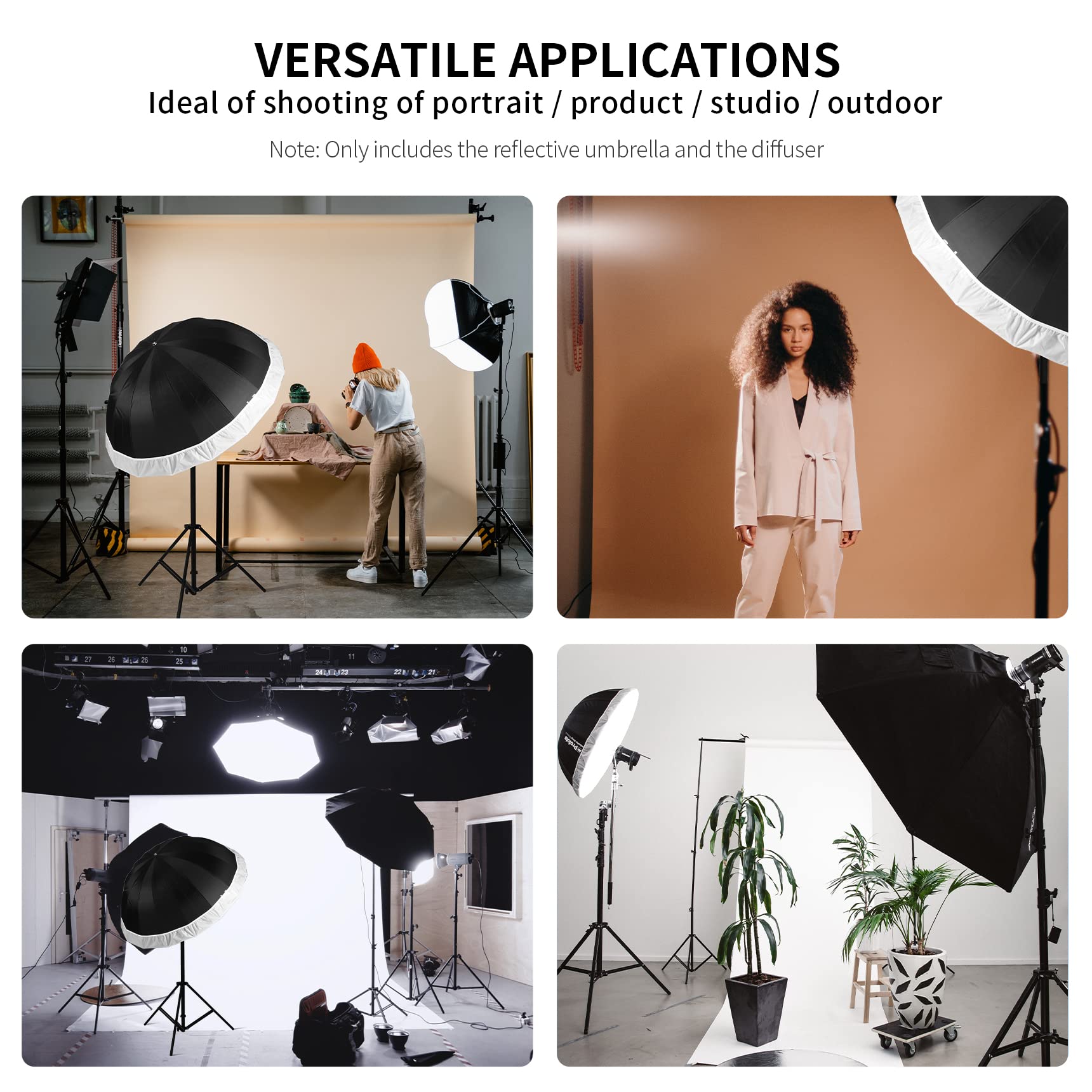 Selens Parabolic Umbrella And Diffuser Photography Lighting, 65 Inch Black Silver Reflective Deep Umbrella For Photo Studio Flas