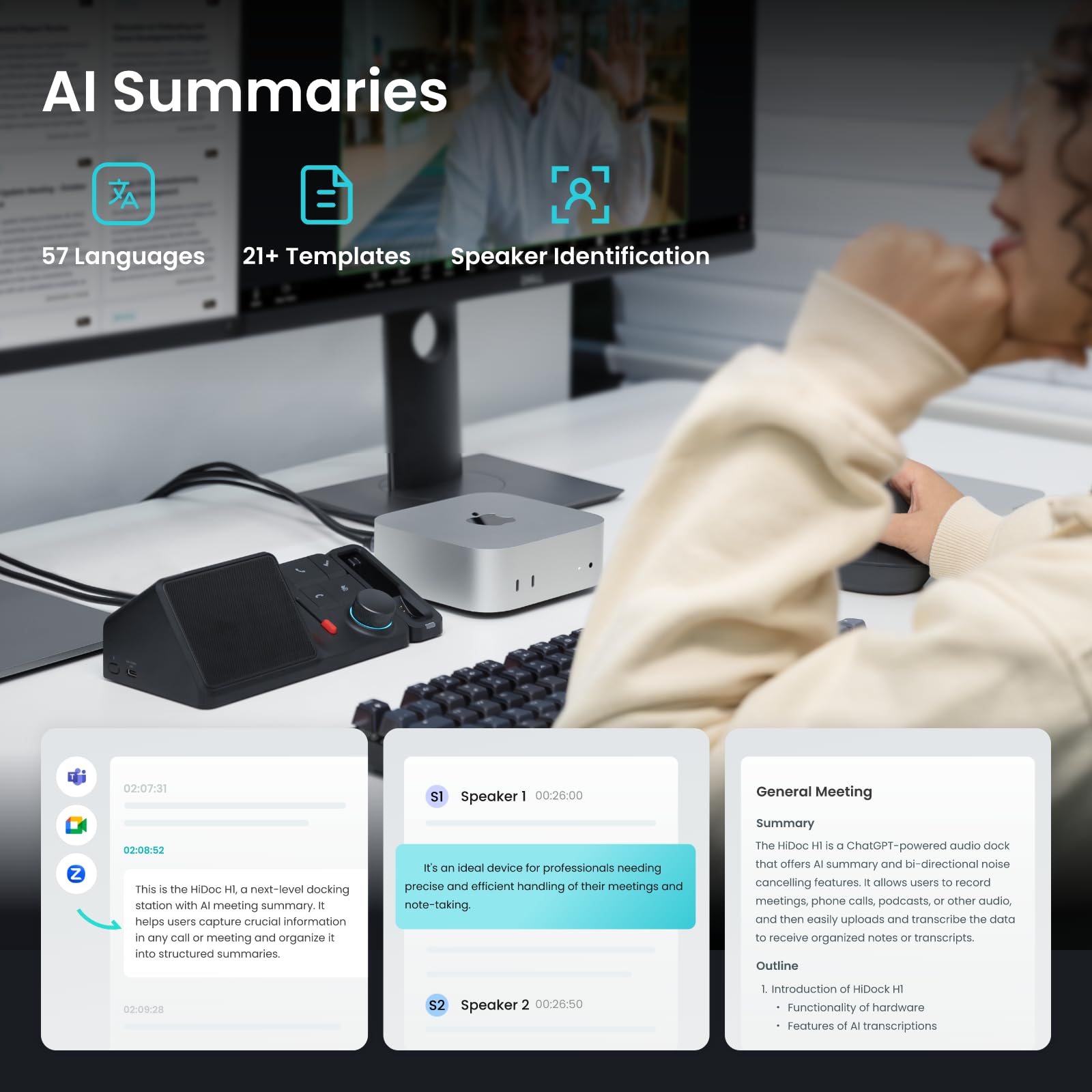 Hidock H1E: 8 In 1 Usb C Docking Station With 4K Hdmi Monitor, Ai Voice Recorder, Transcription And Summary Features, 1Gbps Ethe