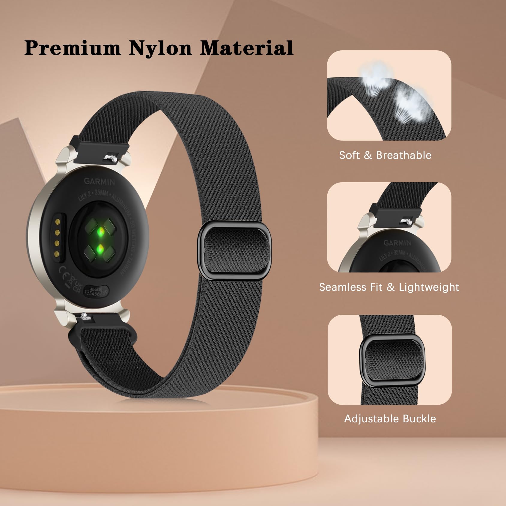 Elastic Nylon Bands Compatible With Garmin Lily 2, 14Mm Stretchy Nylon 2 Pack Soft Loop Straps Quick Release Replacement Adjusta