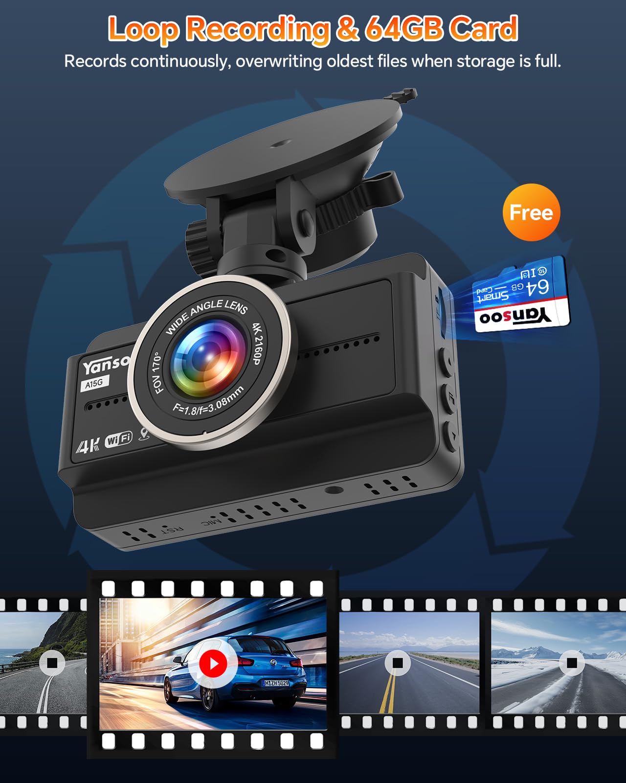 Dash Cam Front And Rear, 4K+1080P Dual Dash Camera For Cars With 64Gb Card, Built In Wifi & Gps, Dashboard Camera Dashcam With A