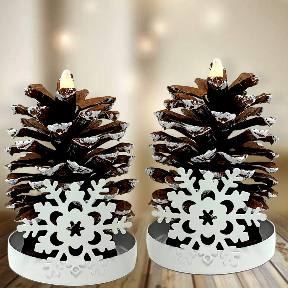 Banberry Designs Lighted Pine Cone Led   Set Of 2   Real Pine Cones With Lighted Flameless Candle Brushed With Snow And Each Is