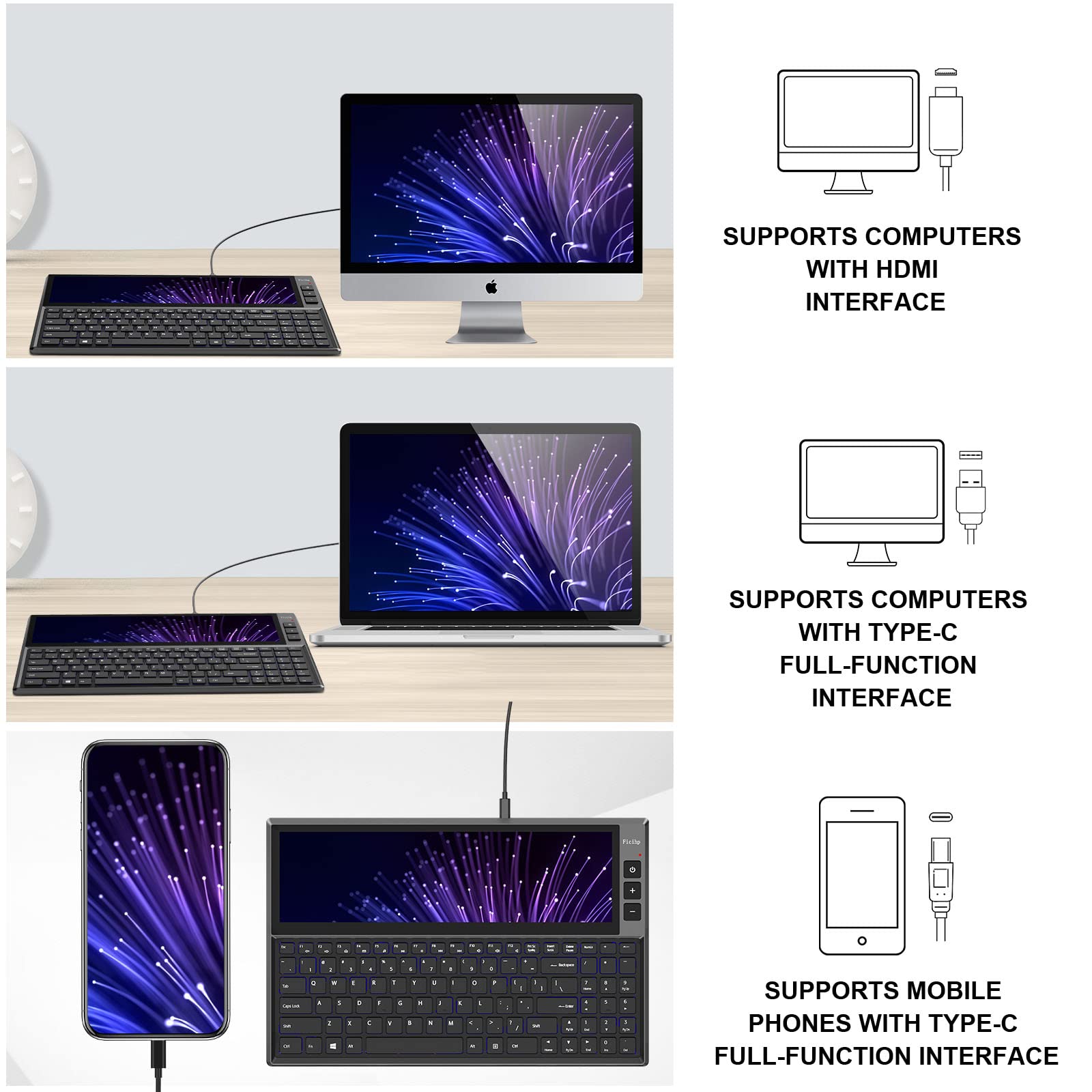Bqaa Rgb Keyboard, Built In 12.6 Inches Touchscreen Monitor, Ultra Slim Aluminum Compact 98 Keys Computer Split Screen Keyboard