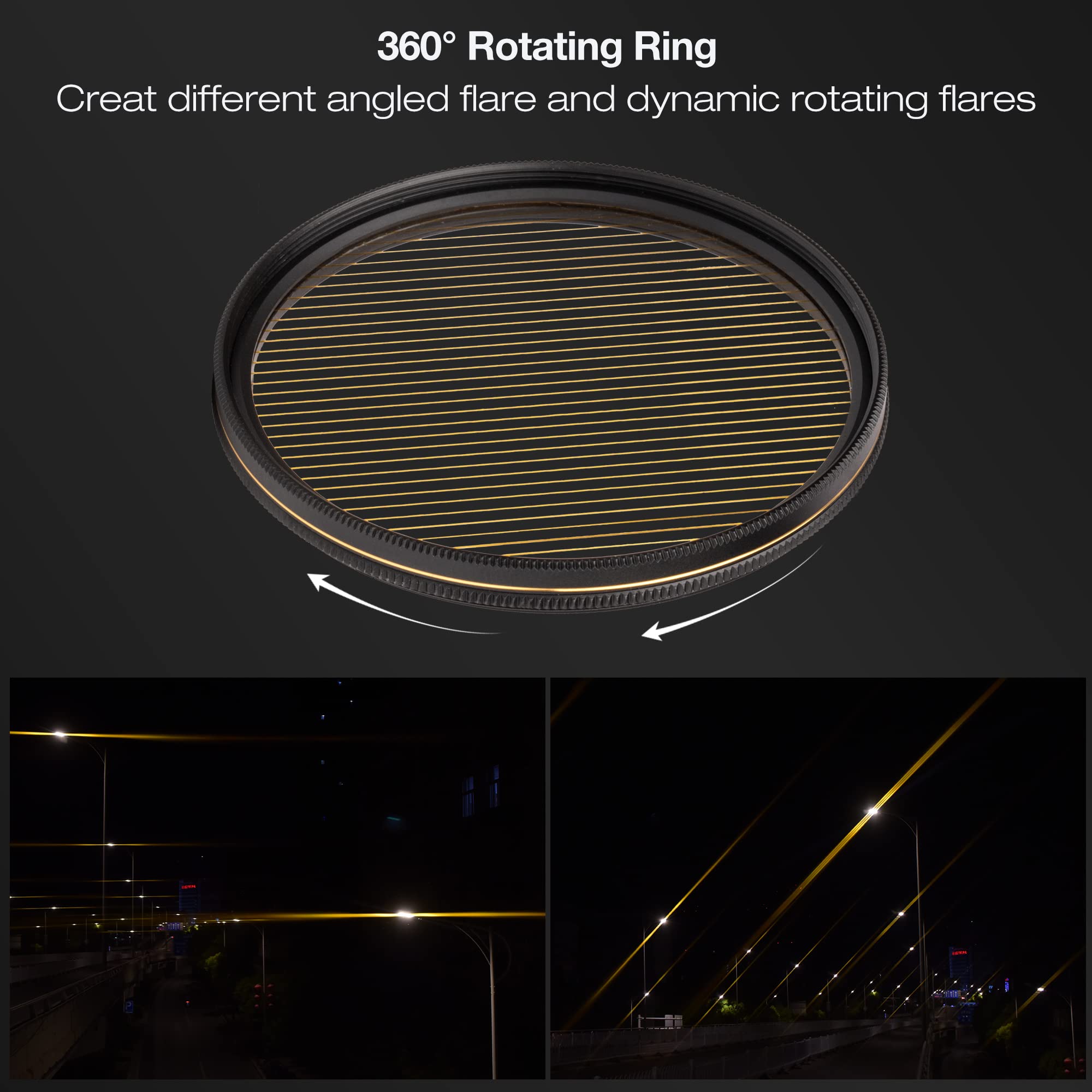 Walking Way 52Mm Variable Gold Streak Filter Rotating Circular Anamorphic Style Streak Effect Lens Filter For Photography And Vi