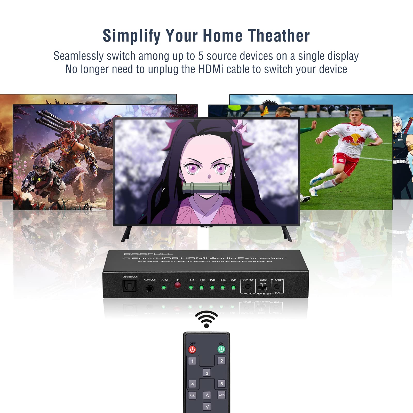 Roofull 5 Port 4K@60Hz Hdmi Switch With Optical & 3.5Mm Aux Audio Out, 5 In 1 Out Hdmi 2.0 Switch Audio Extractor With Remote, S
