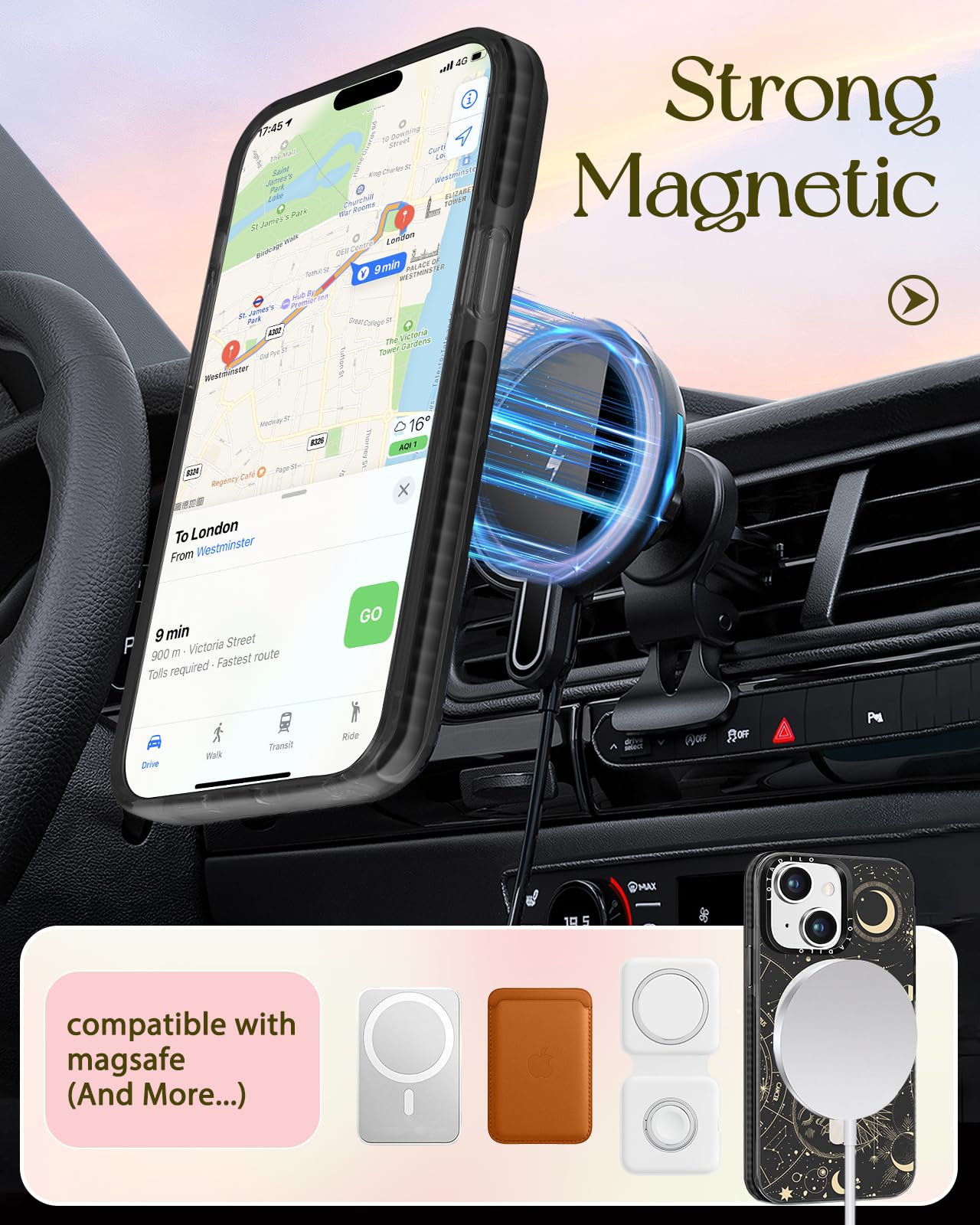 Lotadilo For Iphone 13 Case For Women Girls - Cute Design Compatible With Magsafe Magnetic Ring Holder Stand Moon Sun Stars Aest