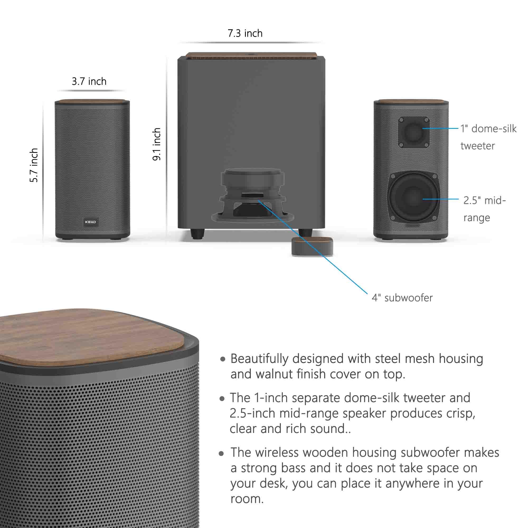 Keiid 2.1 Bluetooth Computer Speakers With Wireless Subwoofer And Wireless Touchpad Control For Desktop Laptop Pc Stereo Gaming