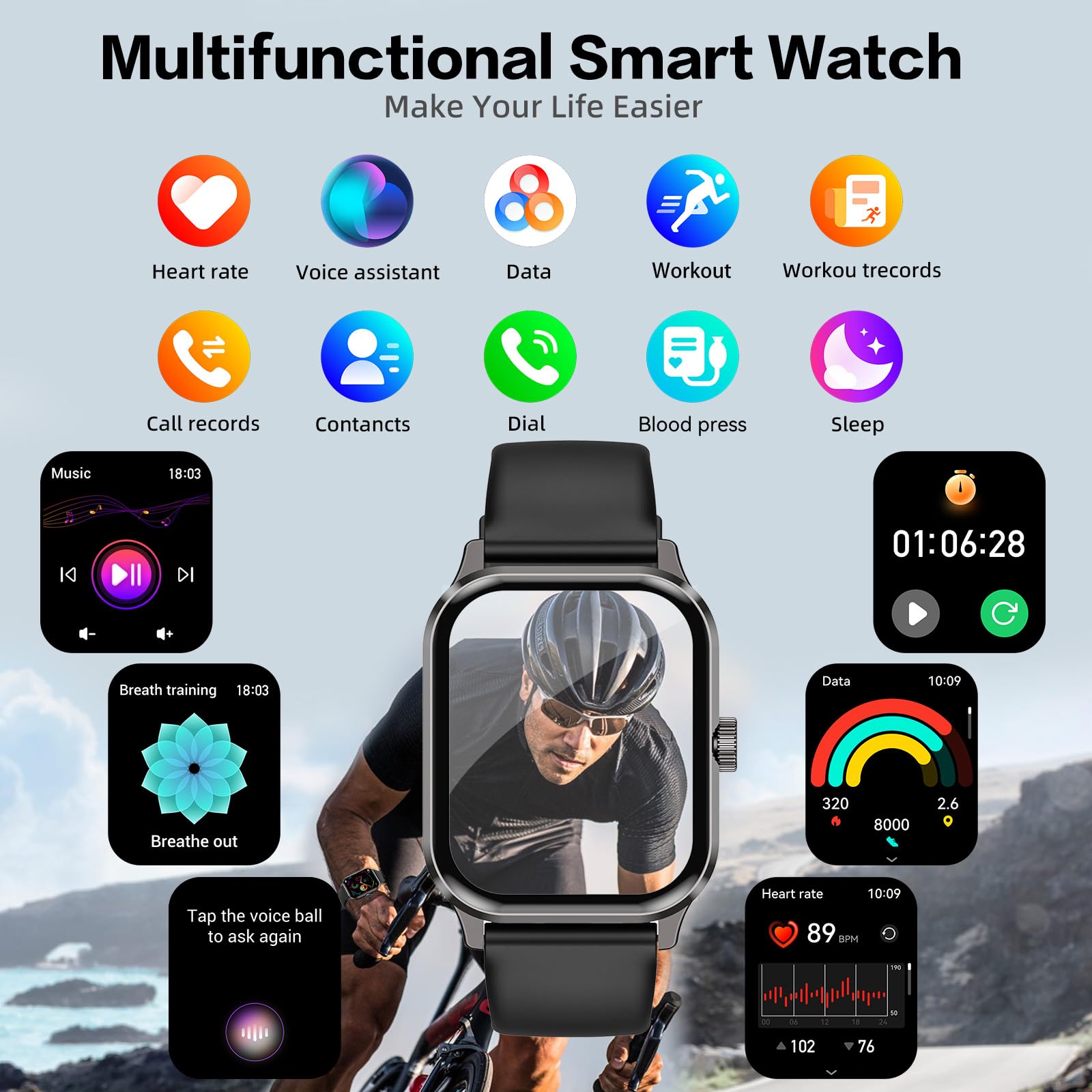 Smart Watch For Men And Women, 1.96'' Hd Fitness Tracker With Bluetooth Calls, Heart Rate & Sleep Monitor, 120+ Sports Modes, Ip