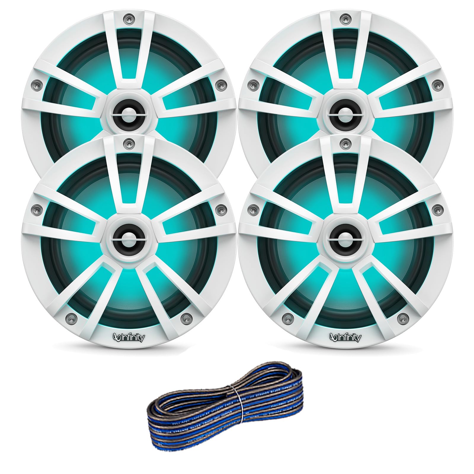 2 Pair (Qty 4) of Infinity Reference 6.5 225 Watt Peak Power Waterproof Marine Speakers (White) with Enrock 50 ft 16-Gauge Speak