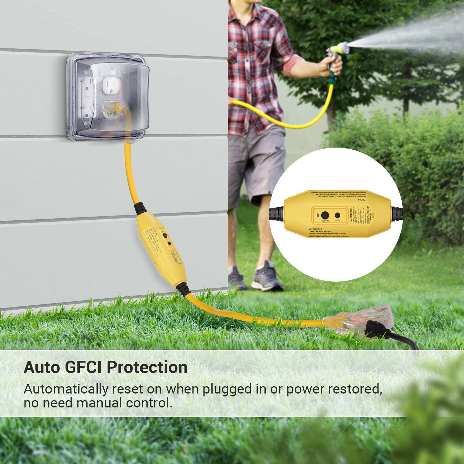 Dewenwils 3 Ft Automatic Gfci Extension Cord Outdoor, 12/3 Gauge Extension Cord For Multiple Appliances, Heavy Duty Power Cable