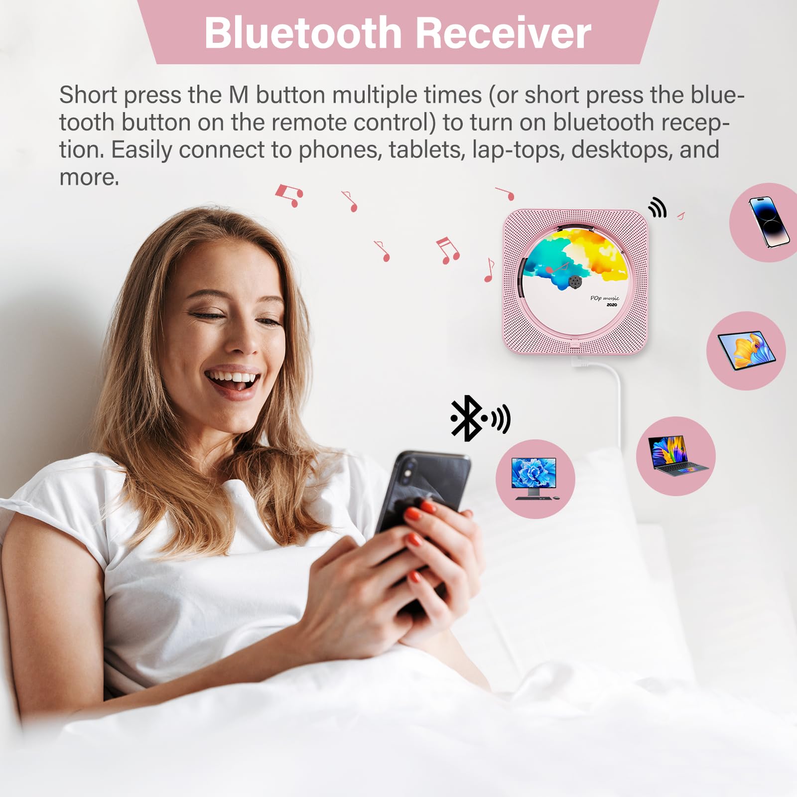 Portable Cd Player With Bluetooth, Desktop Cd Player With Speakers For Home Cd Music Players With Remote Control, Built In Led D