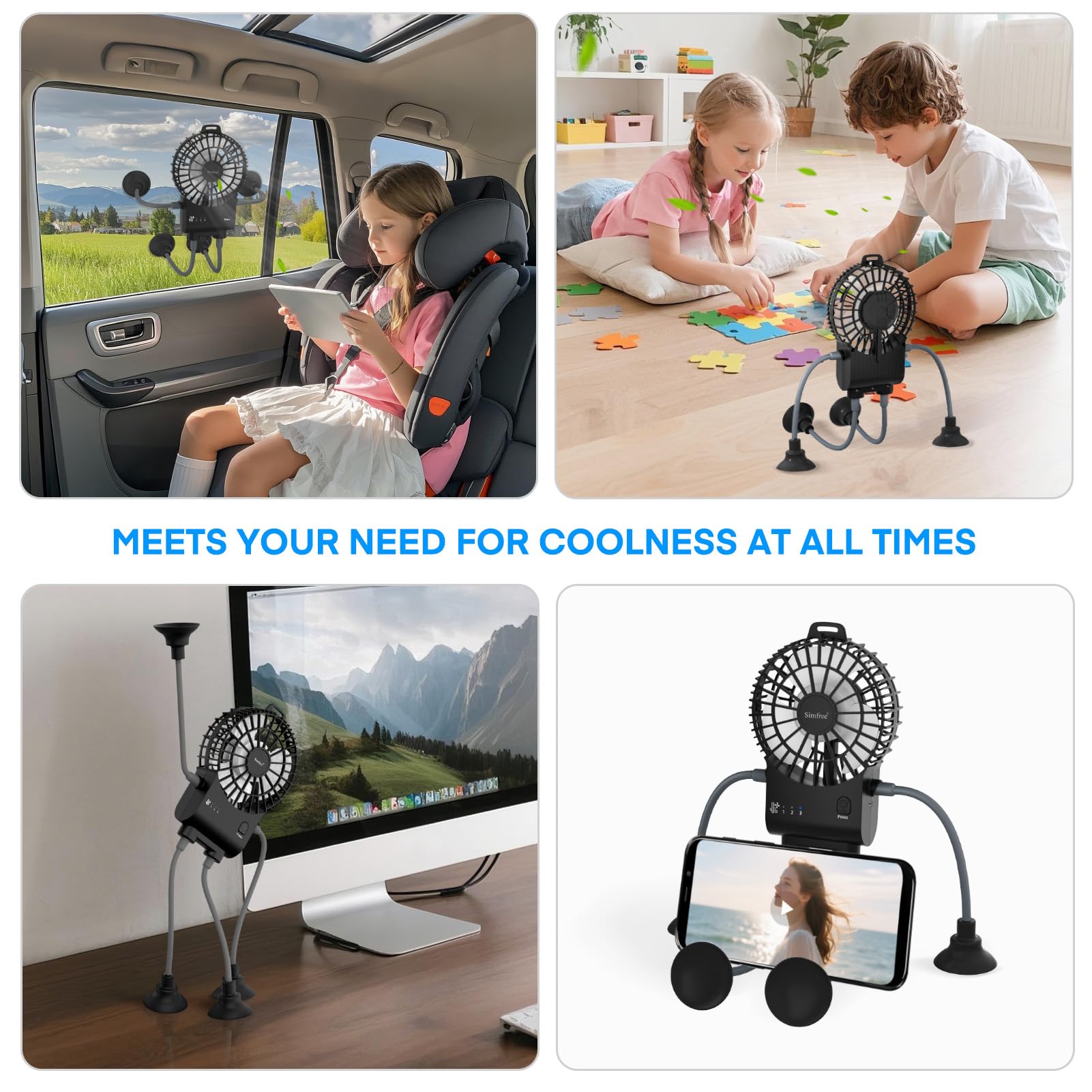 Simfree Portable Fan,Robot Desk Fan With Suckers-Rechargeable Portable Table Fan,3 Speeds Hands Free Fan For Home, Office,Game R