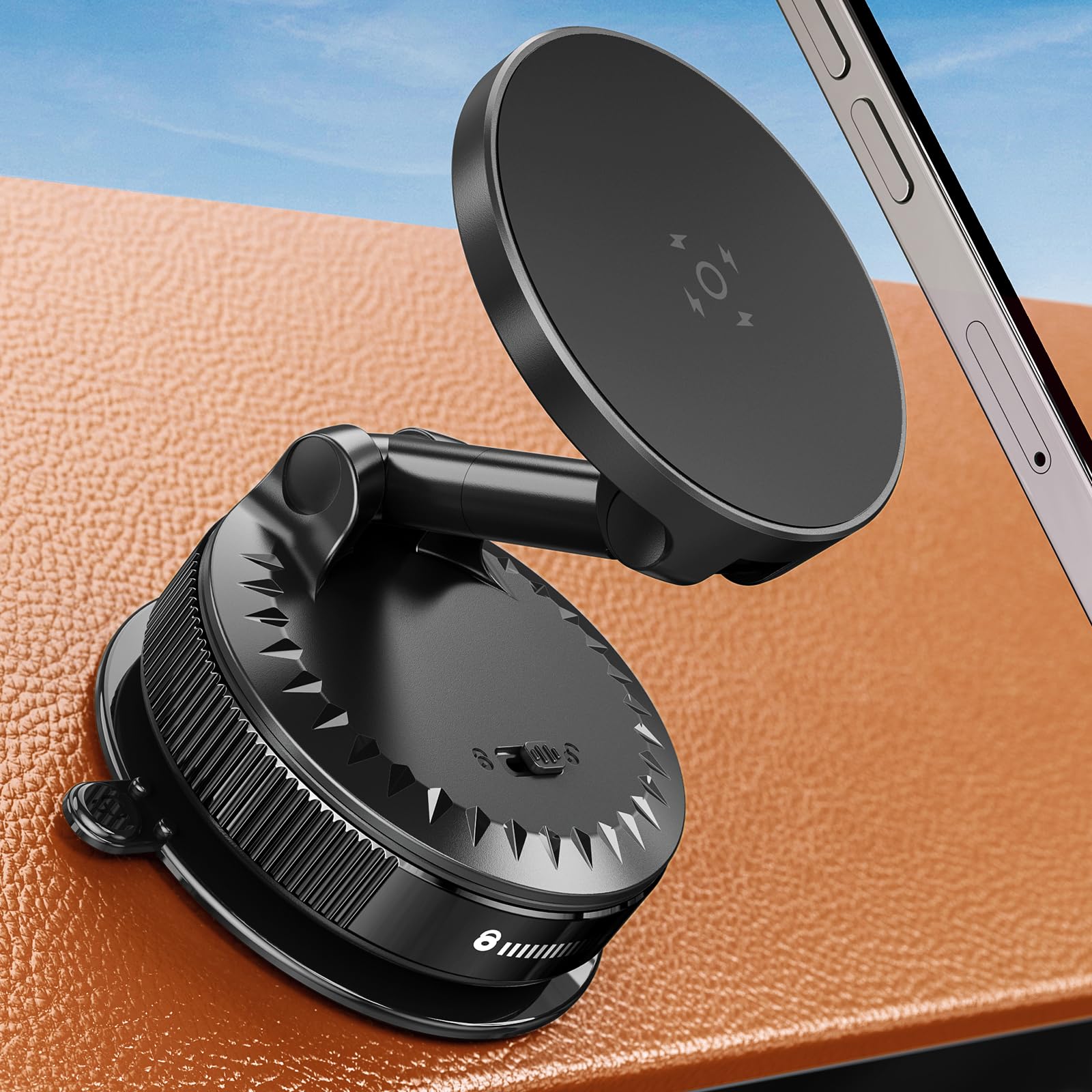 SINGEAR Anti-high Temp Car Phone Holder for Magsafe [108 LBS Nano-Gel Base + Vacuum Suction & 3600gf Magnetic] 360Adjustable Mou