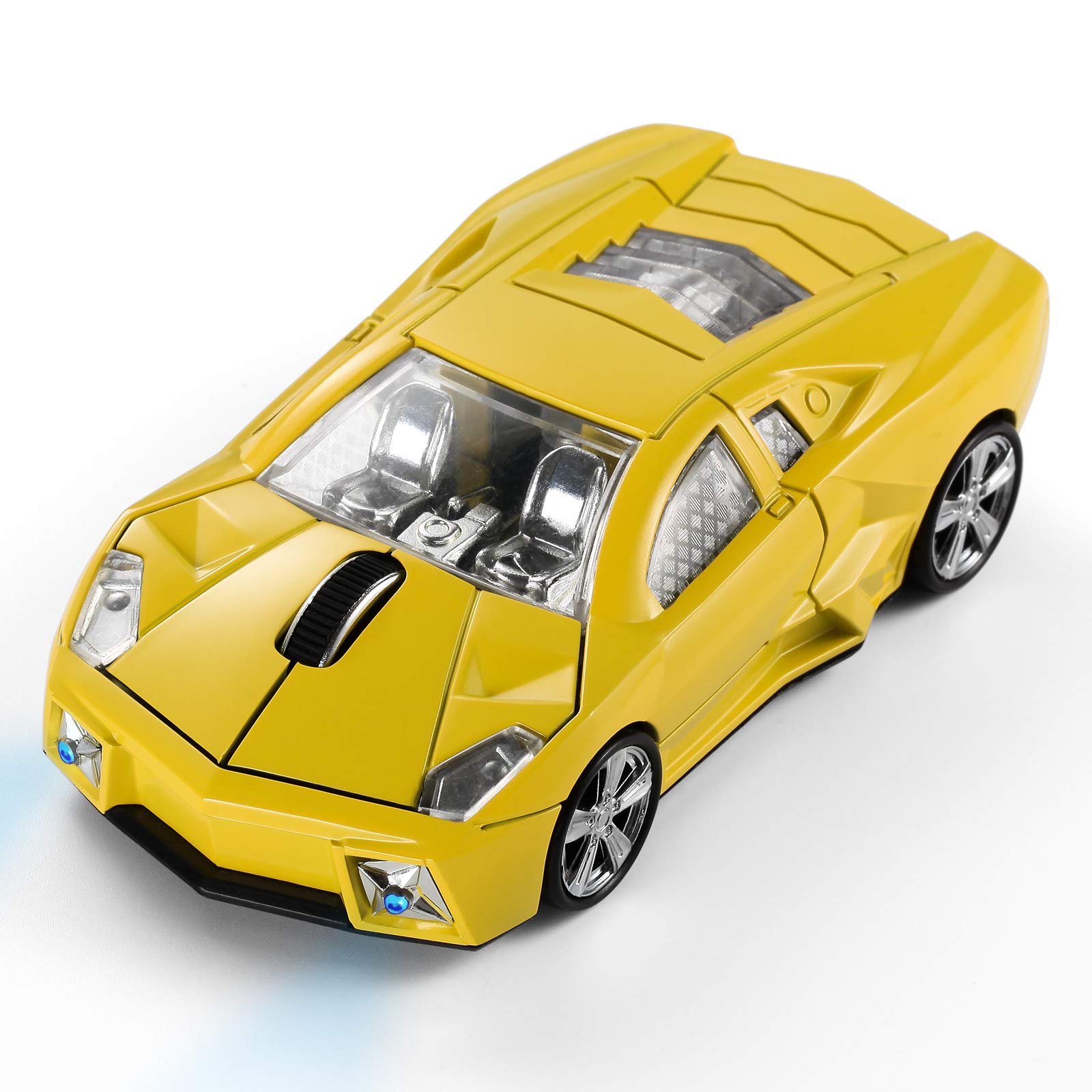 BKLNOG Sports Car Mouse [Updated] with LED Headlights, 1600 DPI Wireless Car Shaped Mouse for Mac & Computers, Yellow