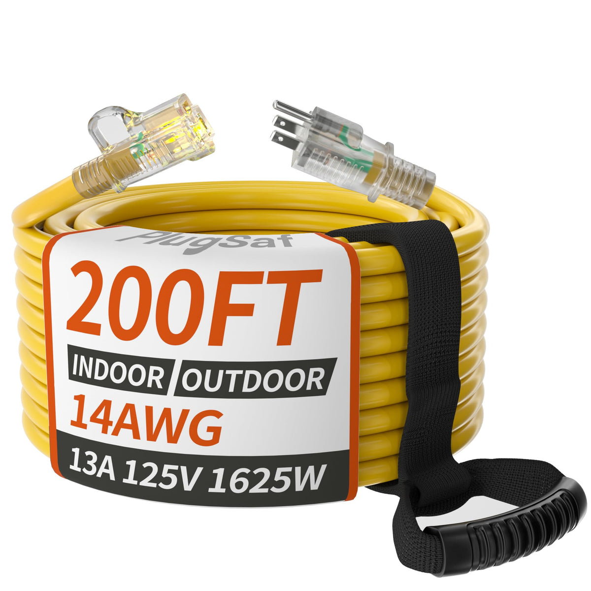 Plugsaf 14/3 Gauge Yellow Outdoor Extension Cord 200 Ft Waterproof With Lighted Indicator, Cold Weatherproof  40C, Flexible 3 Pr