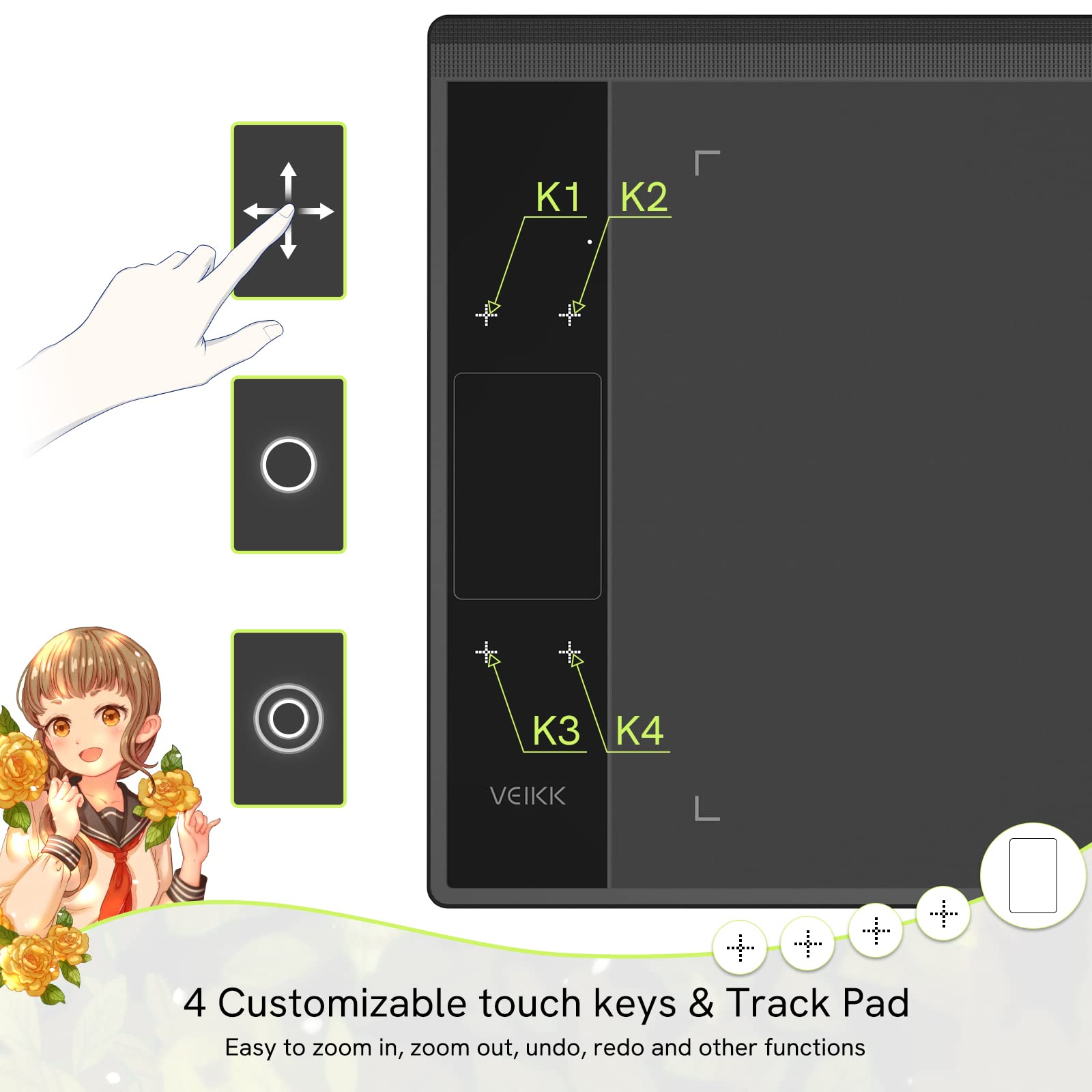 Veikk A30 Drawing Tablet, 10X6 Inch Graphics Tablet With 8192 Levels Battery-Free Stylus Pen, 4 Touch Keys, 1 Touch Pad, Compati