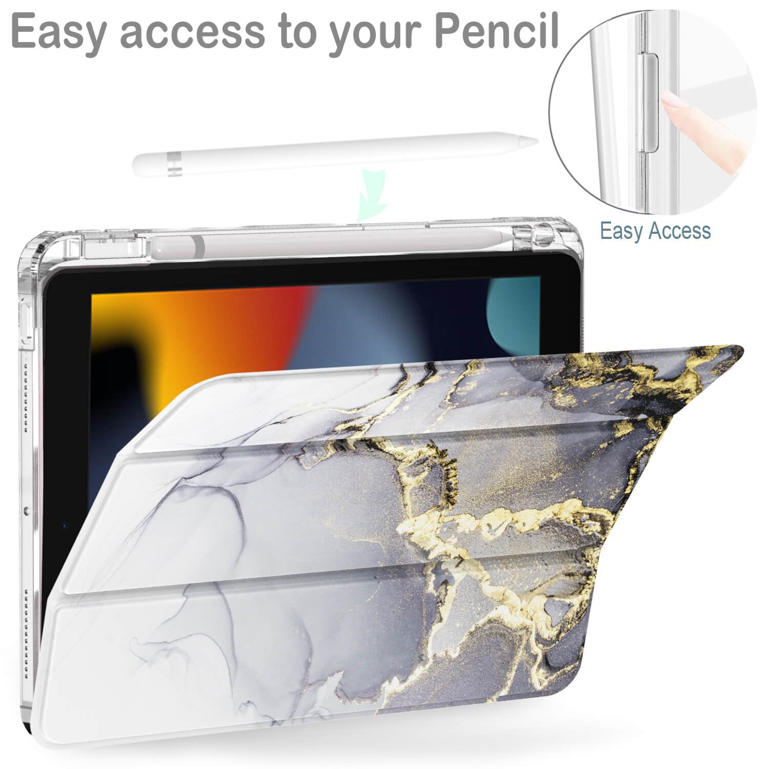 Feams For Ipad 9Th/8Th/7Th Generation 10.2 Inch Case, Trifold Ipad 10.2 Case Clear Transparent Back Cover With Pencil Holder & A