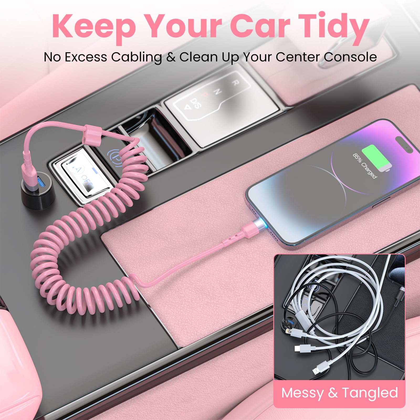 Coiled Pink Iphone Charger 3 Ft 2 Pack Apple Carplay Cable Car Accessories, [Mfi Certified] Short Usb To Lightning Cable, Cute I