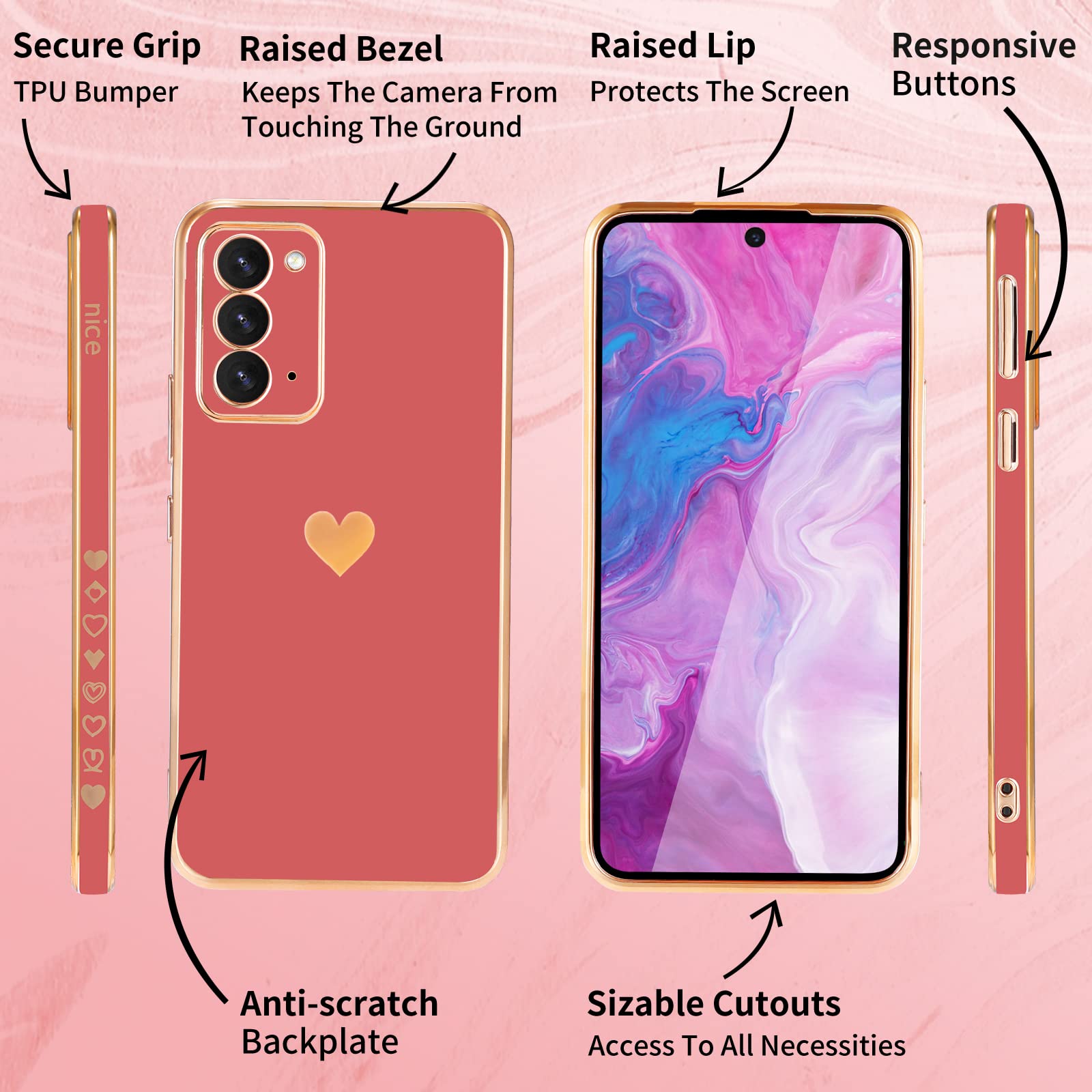 Shorogyt (3In1 Heart Case For Samsung Galaxy Note 20 5G/4G 6.7 Inch Women Cute Aesthetic Love Hearts Pattern Girls Red Gold Luxu