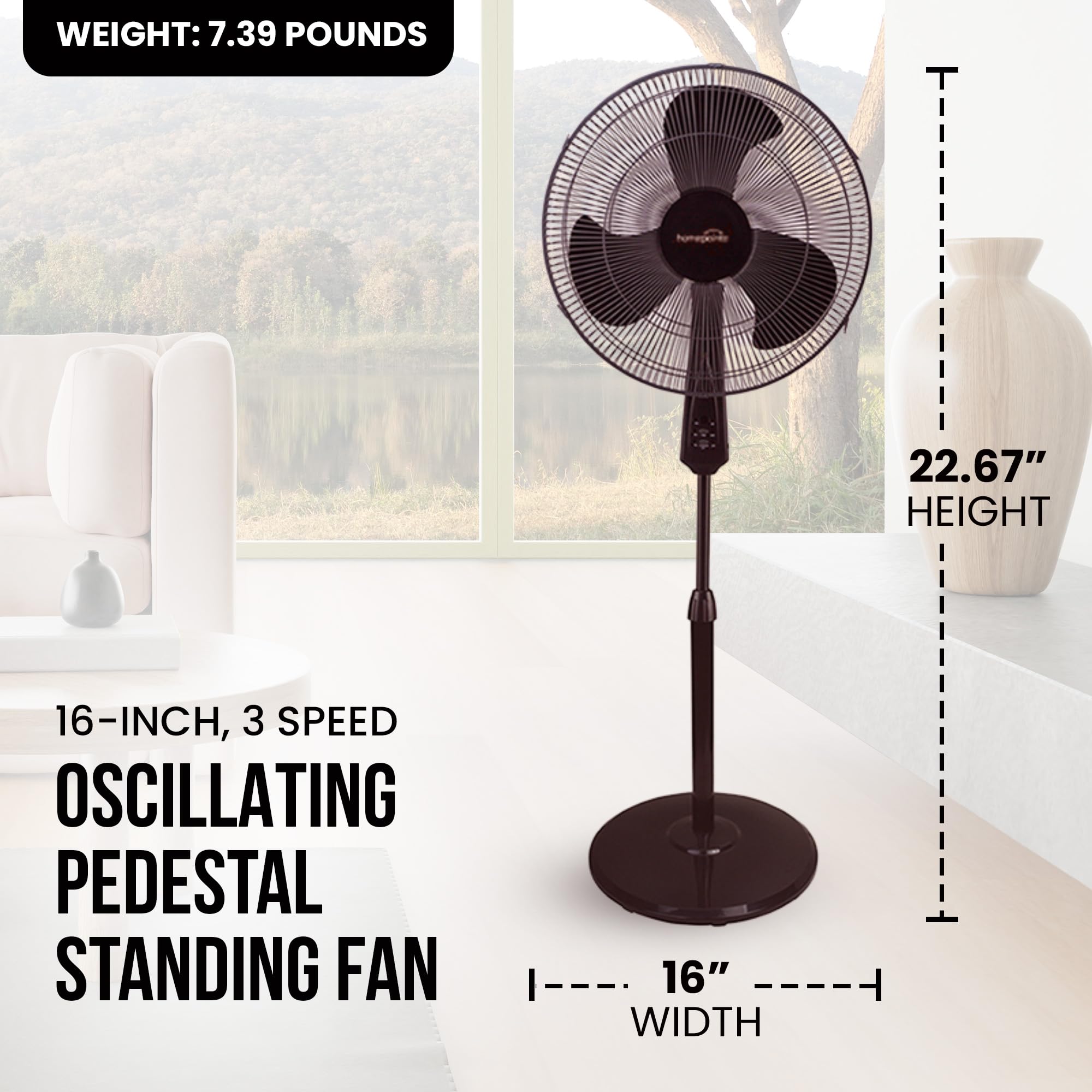 Homepointe 16 Inch Standing Oscillating Pedestal Fan With Adjustable Height & 3 Speeds For Living Room, Office, Basement, Or Bed