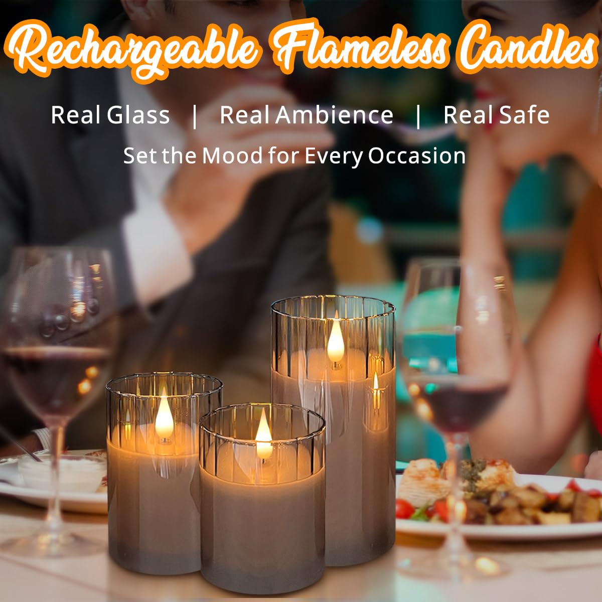 Ledholyt Rechargeable Flameless Candle, Flashing Led Pillar Real Wax Candle With Remote Control And Timer, Grey Stripes Glass El