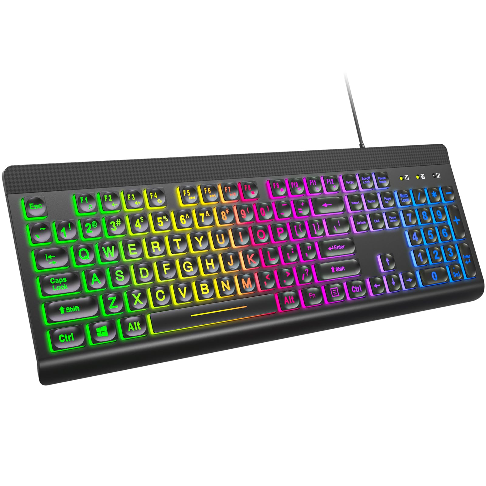 Mowux Large Print Backlit Keyboard, Multiple Color Rainbow Led Backlit Large Size Usb Wired Computer Keyboard, Full Size Multime