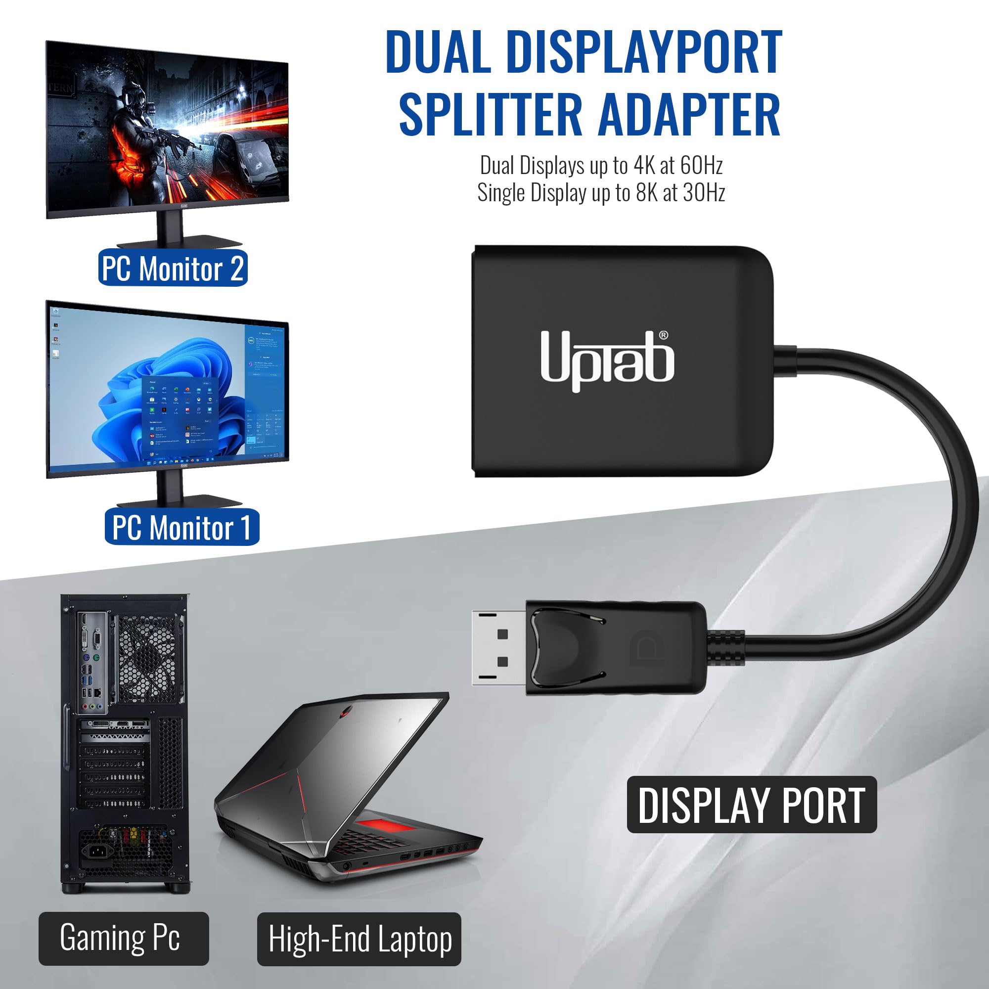 Uptab Displayport To Dual Displayport Adapter 8K Multi Monitor Splitter, Converter Multi Stream Transport (Mst) Hub, Dp To 2X Dp