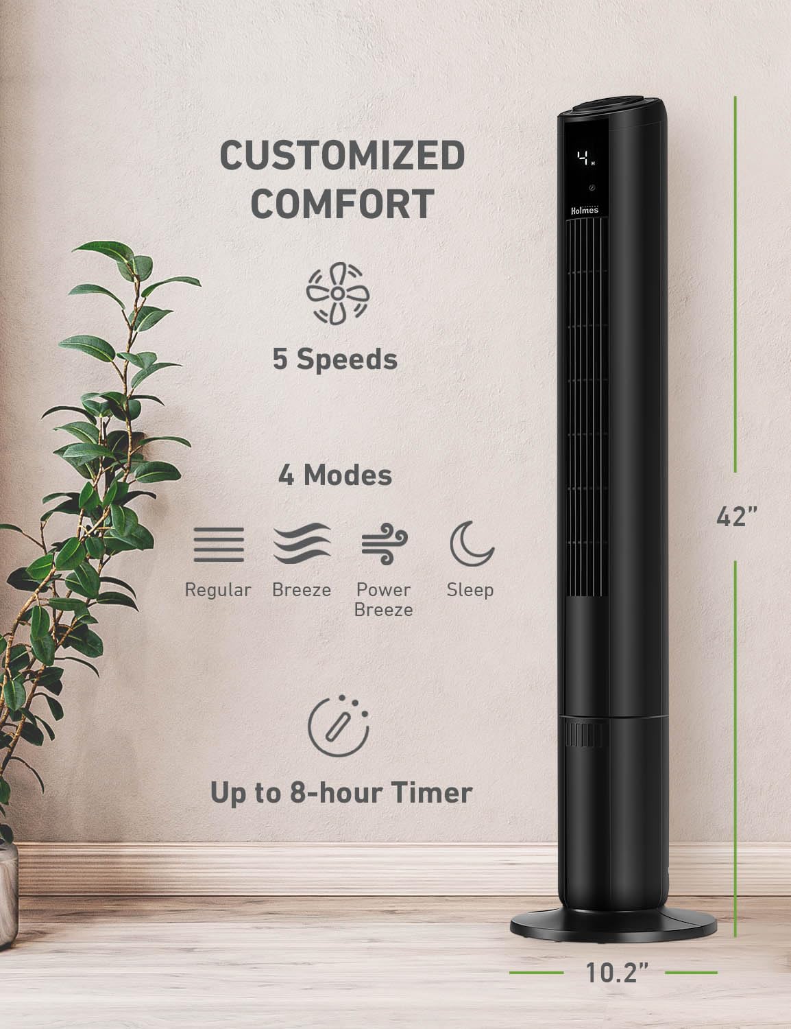 Holmes 42' Digital Tower Fan, Clearread Display, 90� Oscillation, 5 Speeds, 4 Modes, 8 Hour Timer, Home, Bedroom Or Office, Remote Control, Matte Black