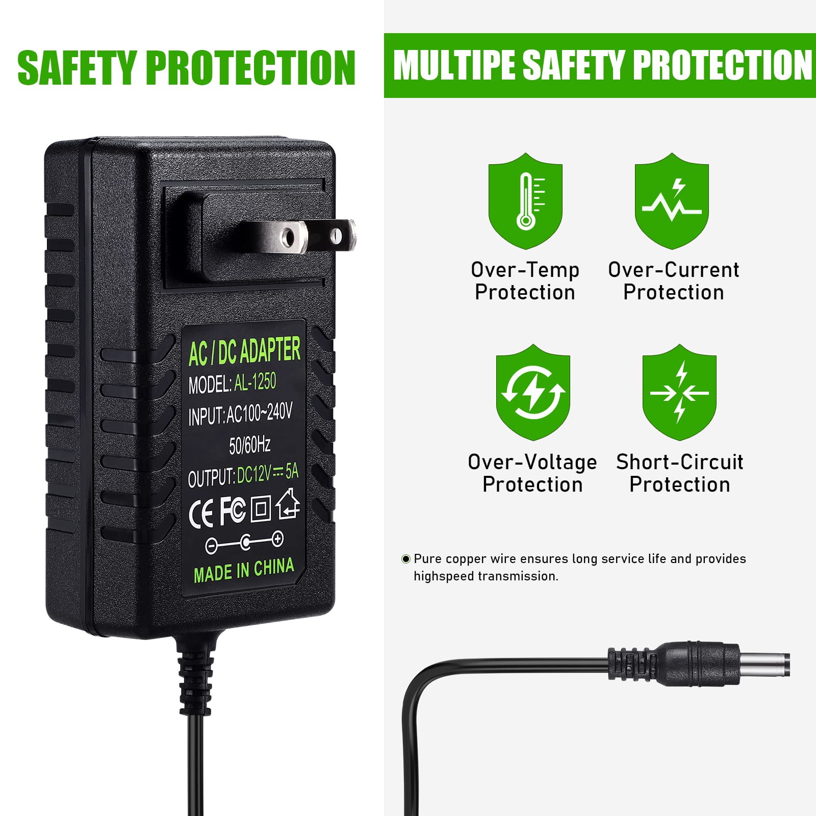Tobwolf 60W 12V/5A Ac/Dc Wall Outlet Power Supply, 12V Dc Wall Mounted Ac Adapter, 12 Volt 5 Amp 60 Watt Dc Wall Plug Adapter, 1