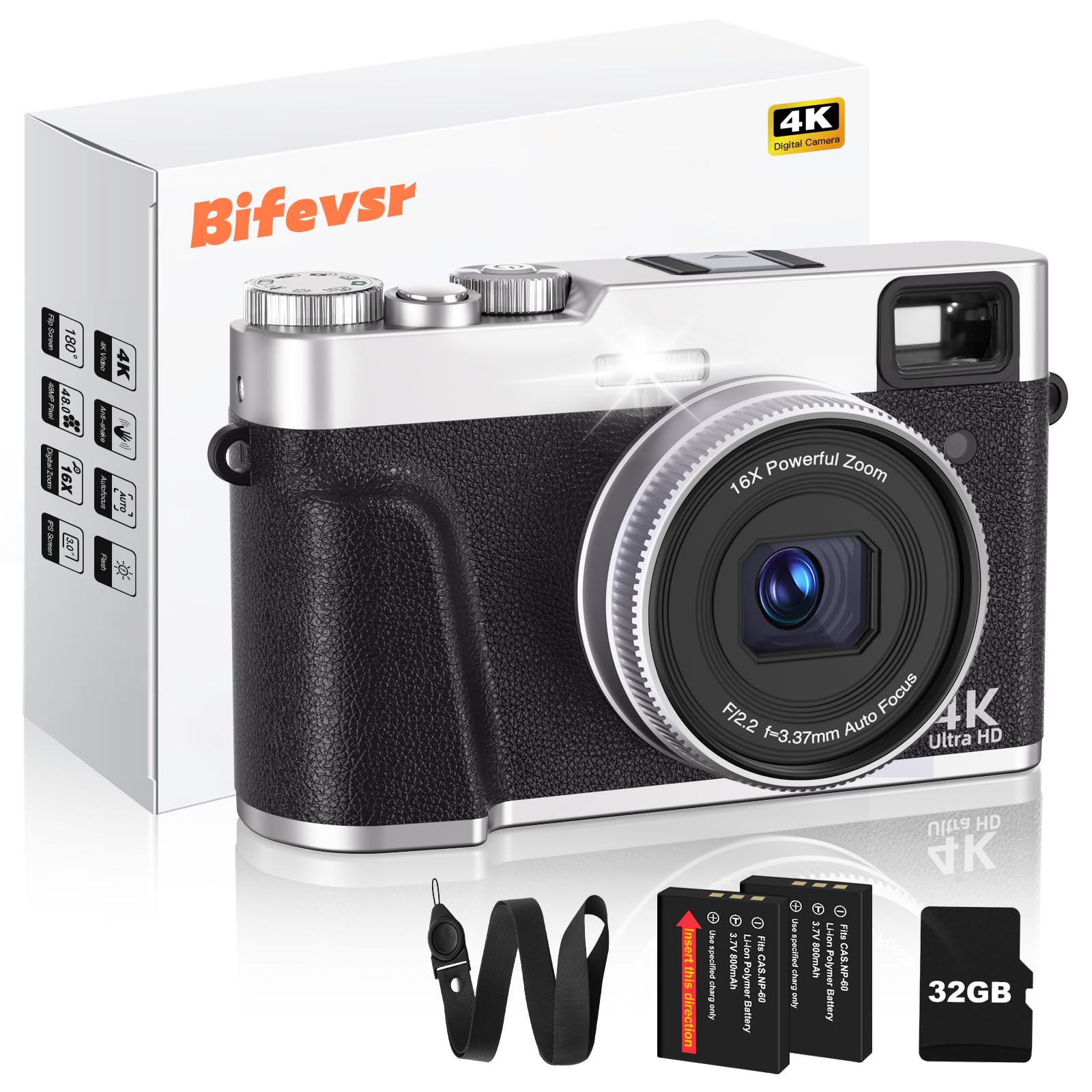 Bifevsr 4K Digital Camera With Sd Card, 48Mp Vlogging Camera With Viewfinder Flash Dial, Camera For Photography And Video Autofo