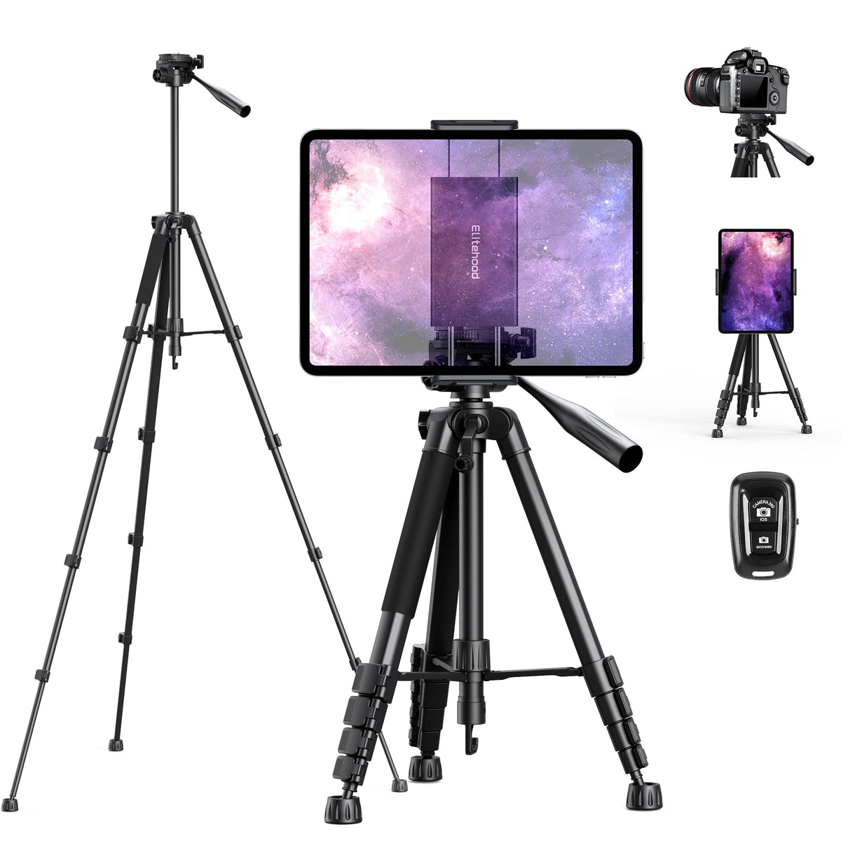 Elitehood 68' Heavy Duty Ipad Tripod, Ultra Stable Camera Tripod For Ipad Pro 12.9, Ipad Stand Mount For Video Recording/Photography, Compatible With 4.7 13Inch Tablet/Ipad Pro/Webcam/Dslr