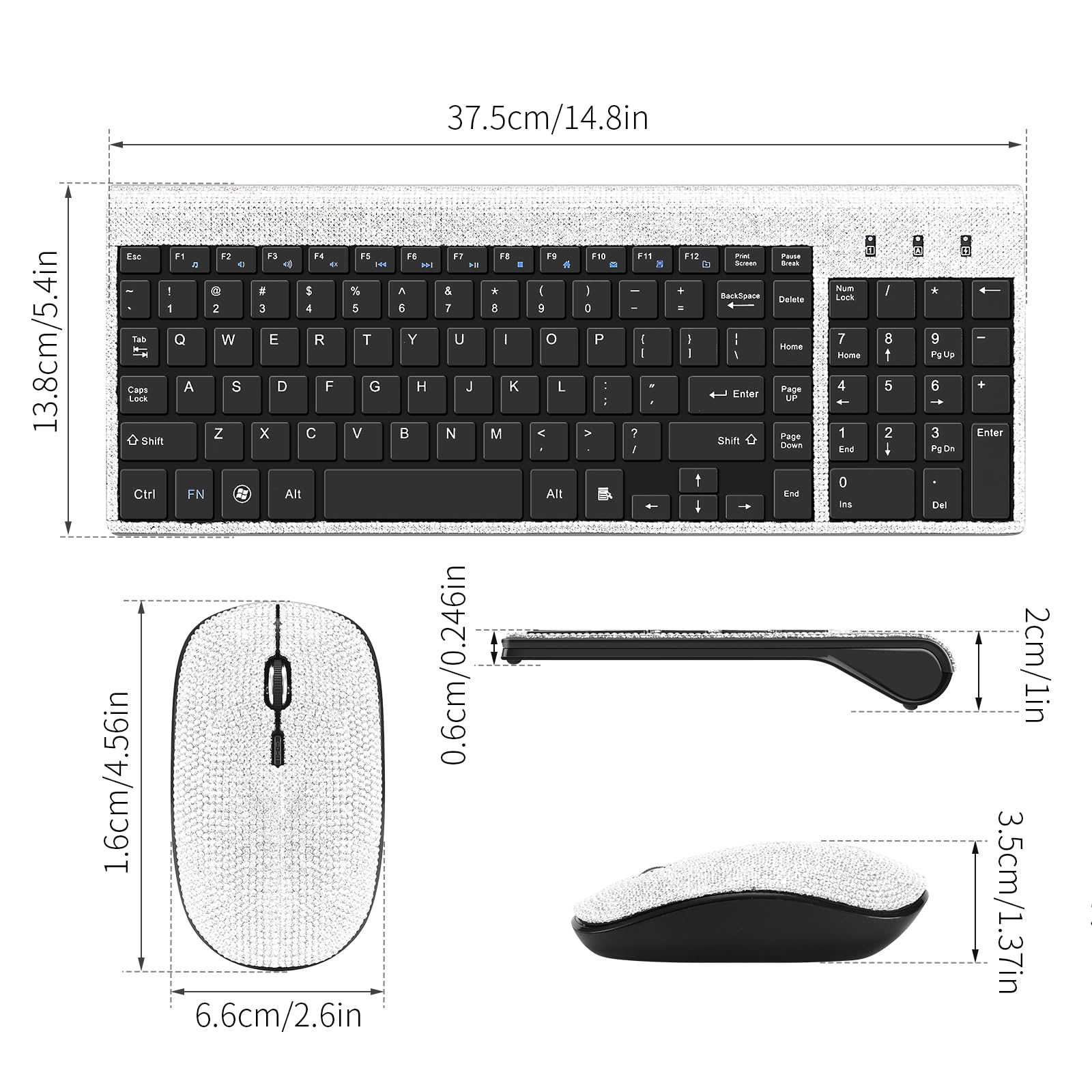 Dazzling Luxury Keyboard And Mouse Wireless, Sparkly Bling Rhinestone Wireless Mouse And Keyboard Gift Set (Silver)